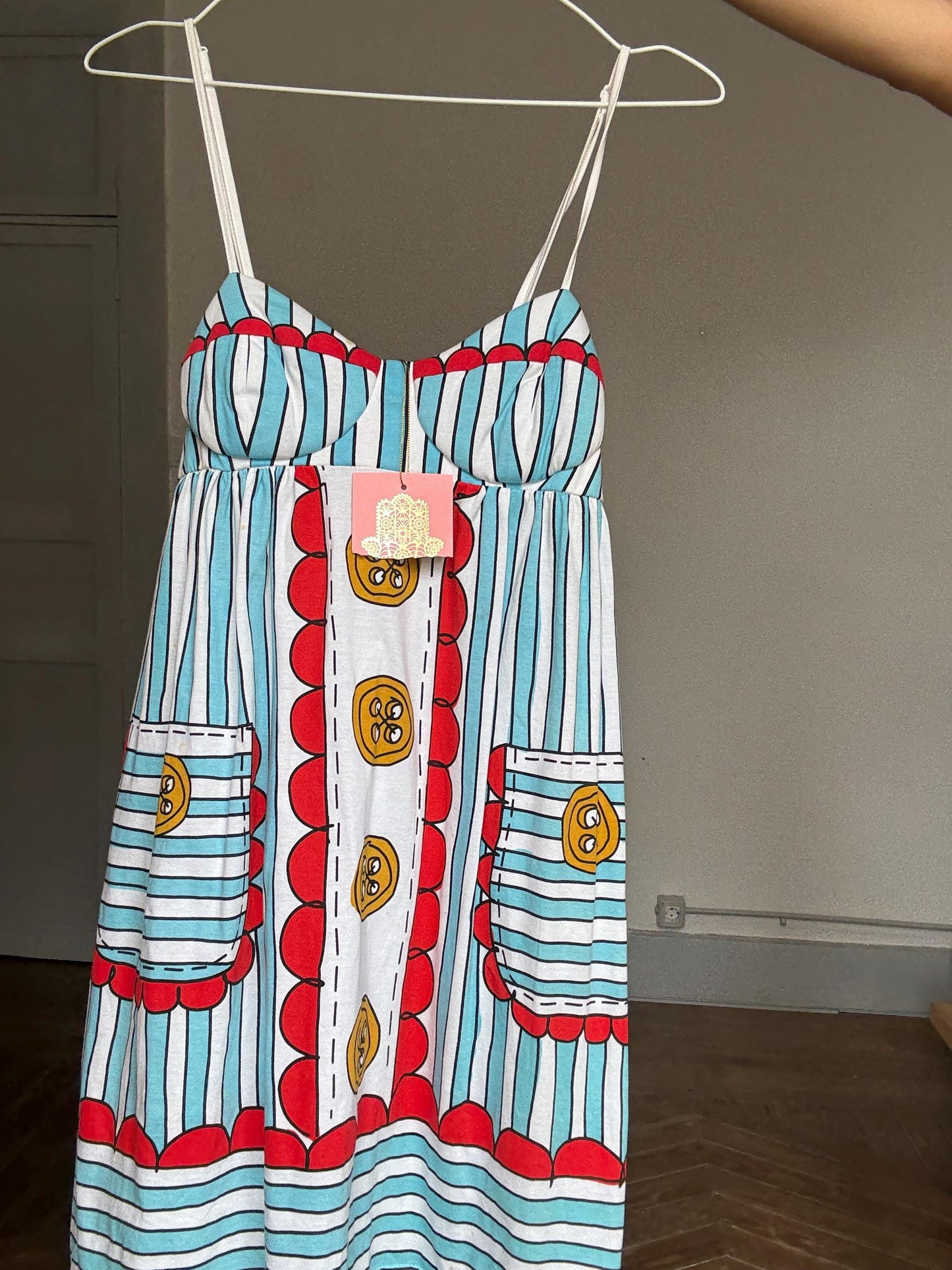 Manoush Designer Mini Dress, Playful Striped Print Cotton Sundress | Indie French Style | Emily in Paris Vibes, Size S, Rare Statement Piece