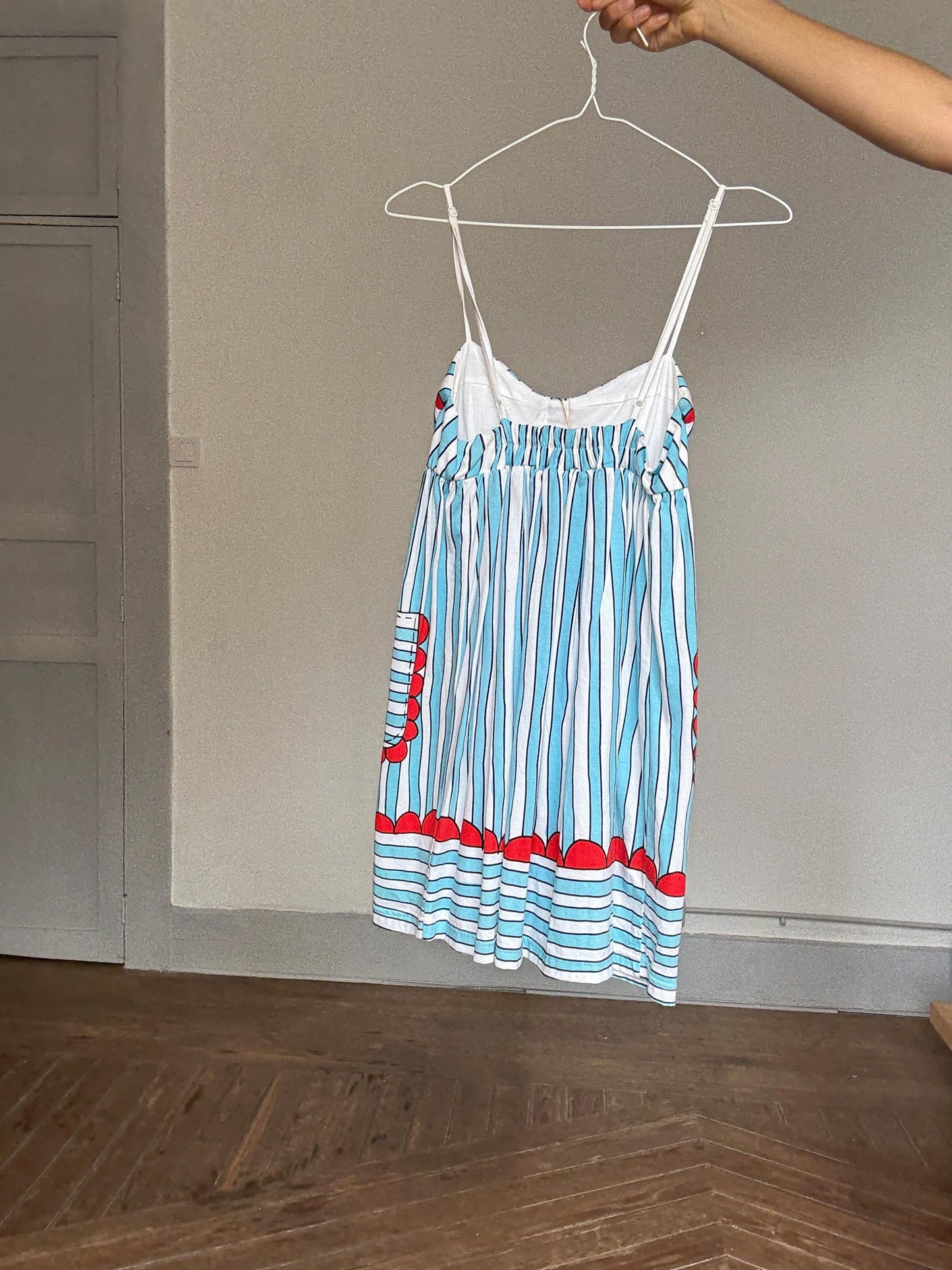 Manoush Designer Mini Dress, Playful Striped Print Cotton Sundress | Indie French Style | Emily in Paris Vibes, Size S, Rare Statement Piece