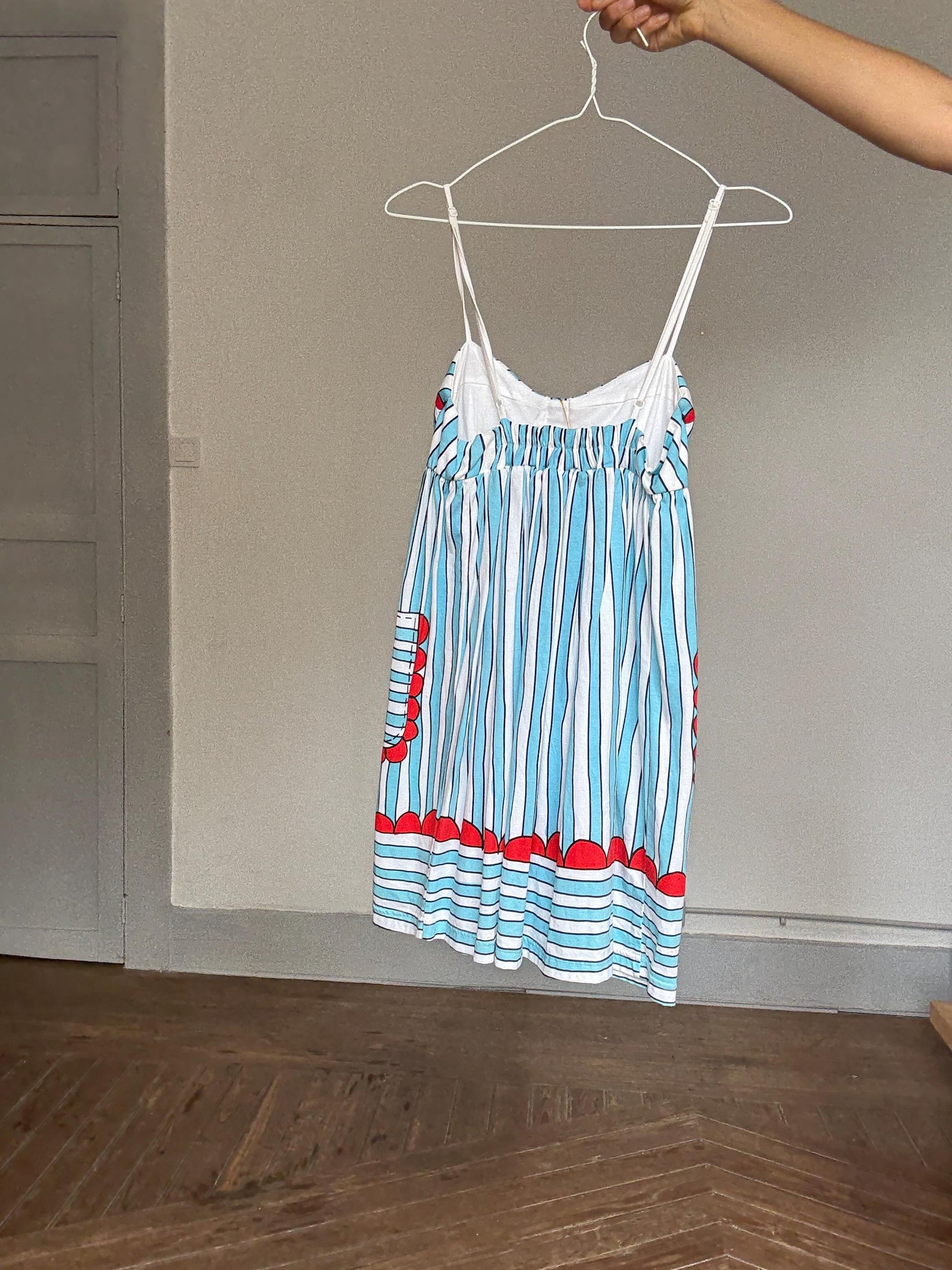 Manoush Designer Mini Dress, Playful Striped Print Cotton Sundress | Indie French Style | Emily in Paris Vibes, Size S, Rare Statement Piece