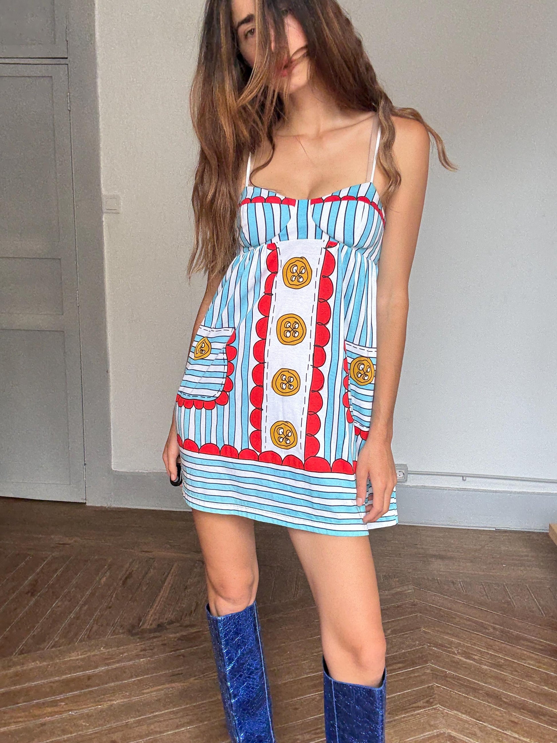 Manoush Designer Mini Dress, Playful Striped Print Cotton Sundress | Indie French Style | Emily in Paris Vibes, Size S, Rare Statement Piece