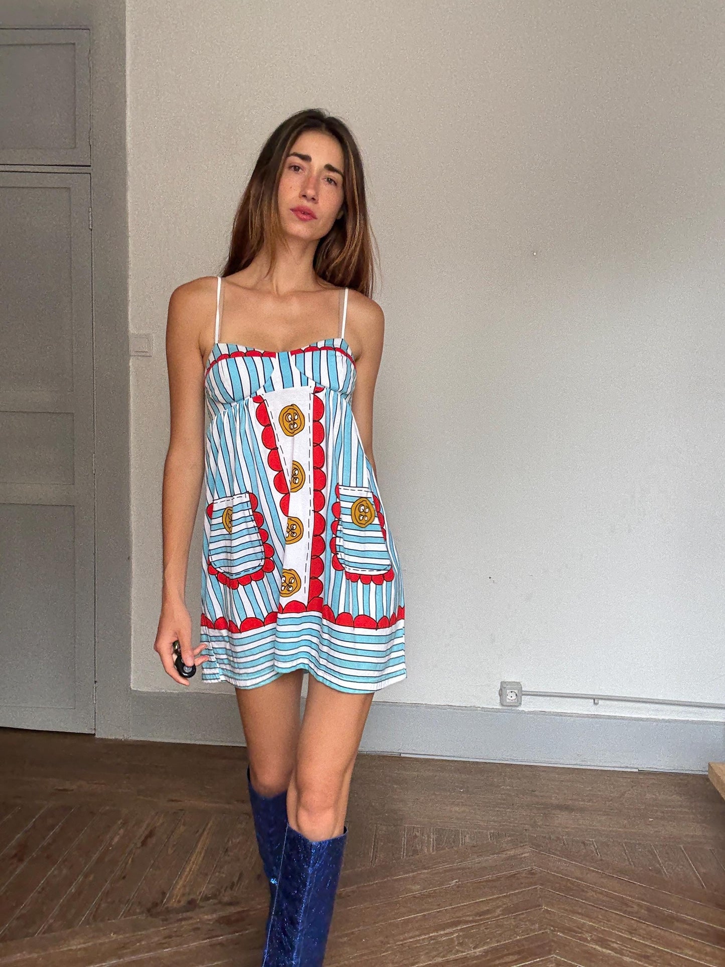 Manoush Designer Mini Dress, Playful Striped Print Cotton Sundress | Indie French Style | Emily in Paris Vibes, Size S, Rare Statement Piece