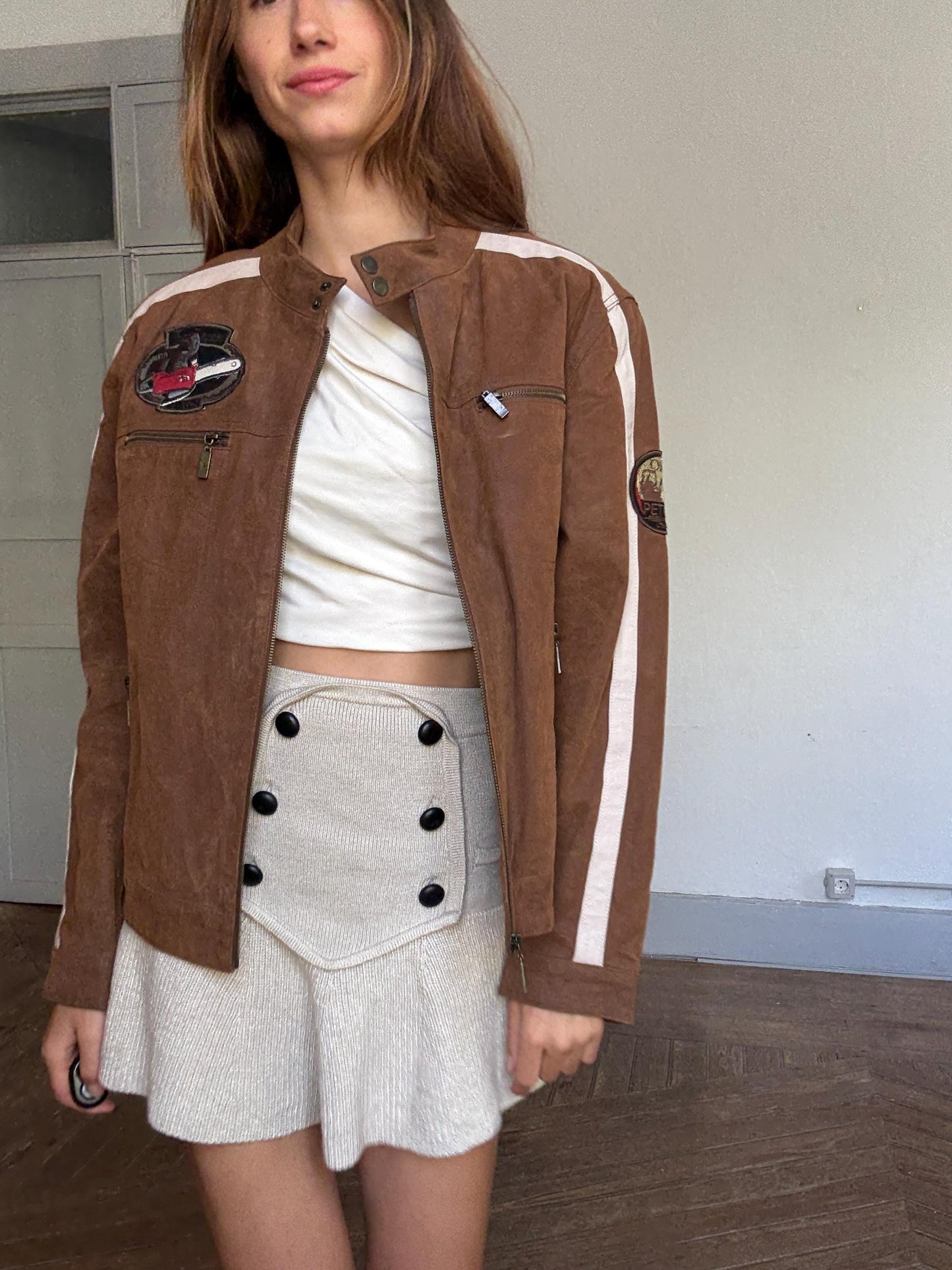 Vintage brown racing leather jacket – size 50, real pigskin, moto patches, 4 outer pockets, retro unisex streetwear