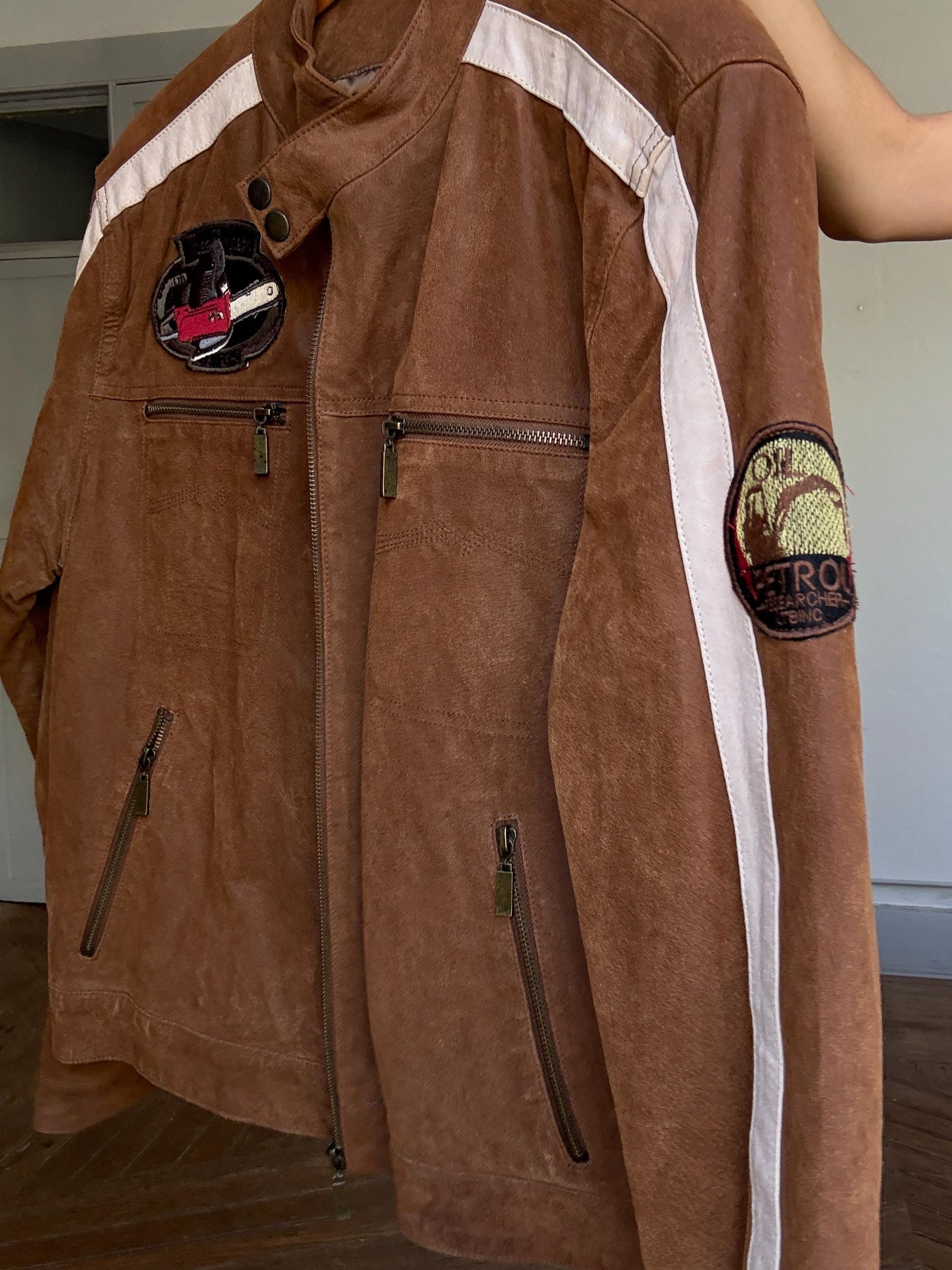 Vintage brown racing leather jacket – size 50, real pigskin, moto patches, 4 outer pockets, retro unisex streetwear