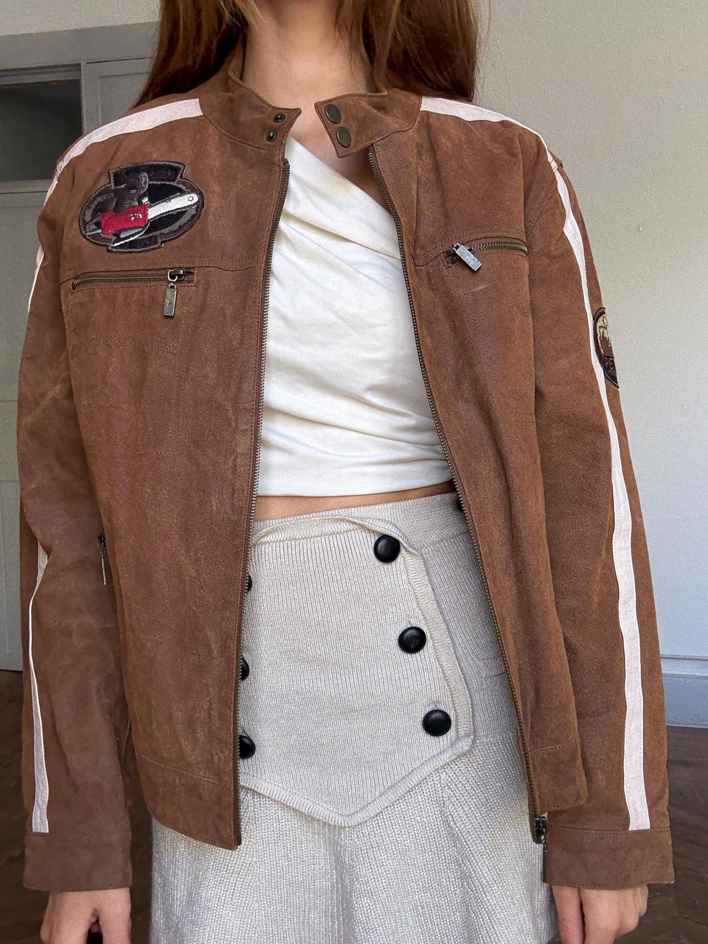 Vintage brown racing leather jacket – size 50, real pigskin, moto patches, 4 outer pockets, retro unisex streetwear