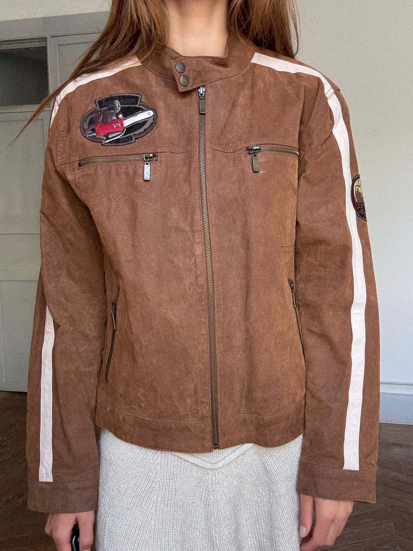 Vintage brown racing leather jacket – size 50, real pigskin, moto patches, 4 outer pockets, retro unisex streetwear