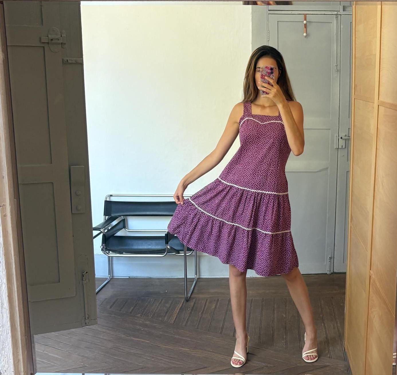 Vintage purple woman dress, Handmade floral midi dress
