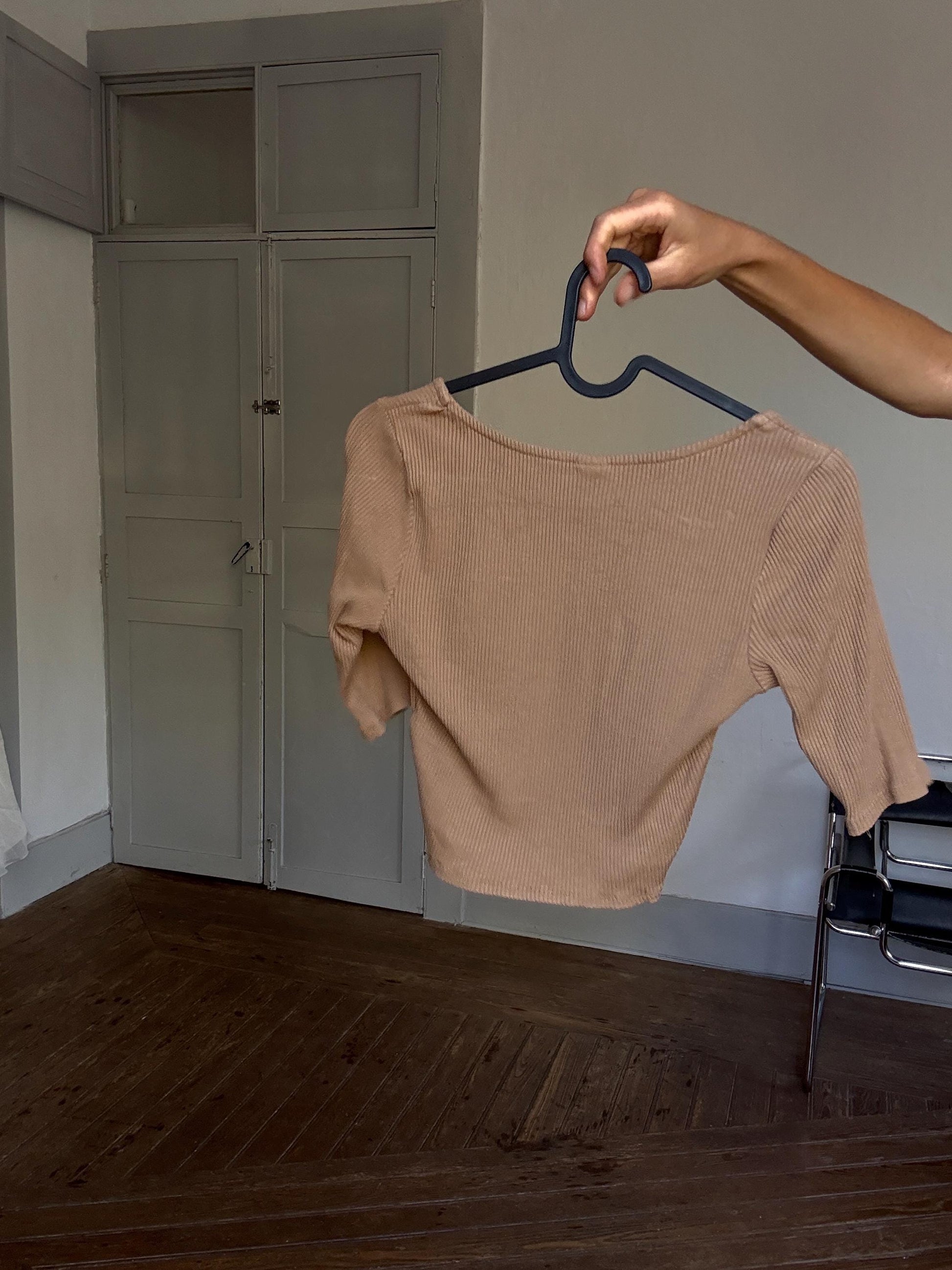 Minimalist Tan Ribbed Crop Top | Earthy Summer Essential | Bella Hadid Street Style Fit