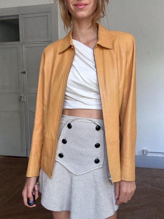 Victor Sanjuan lambskin leather jacket – size 44, YKK double zip, sheepskin, tailored fit, light tan biker style