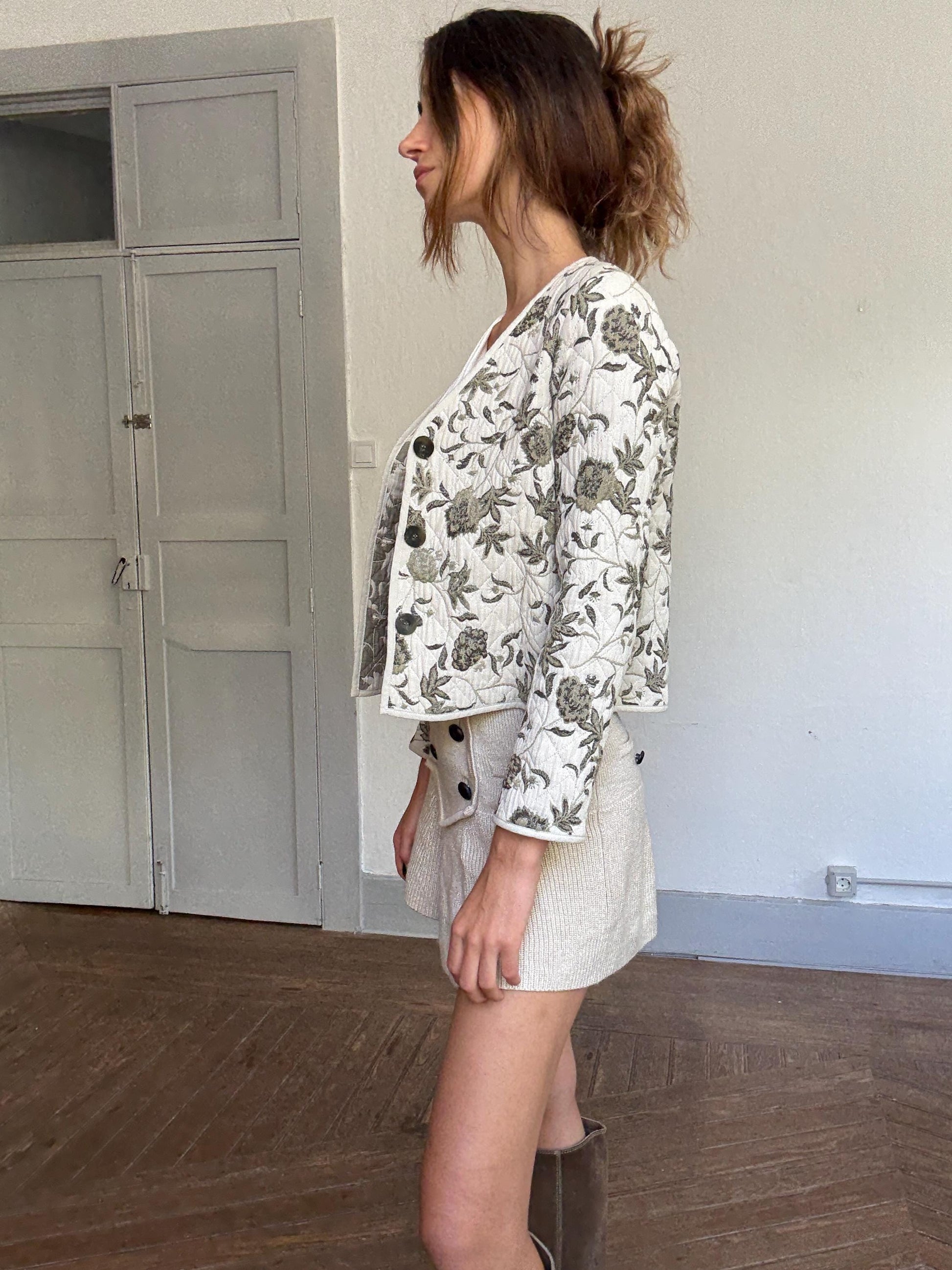 Floral Quilted Jacket – Ese o Ese Spanish Embroidered Cotton Coat | Cottagecore Lightweight Blazer | Soft Botanical Print Jacket S