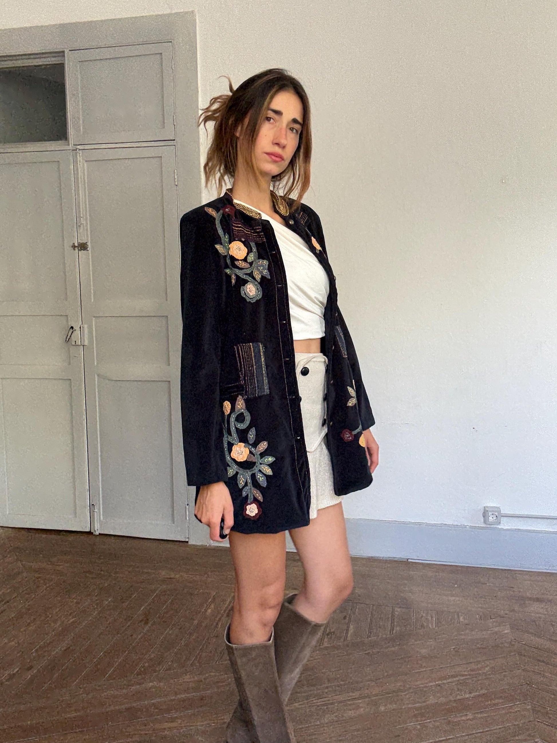 Embroidered Velvet Jacket – Boho Floral Beaded Coat | Peace + Love Long Blazer | 100% Cotton | Patchwork Folk Jacket Size L