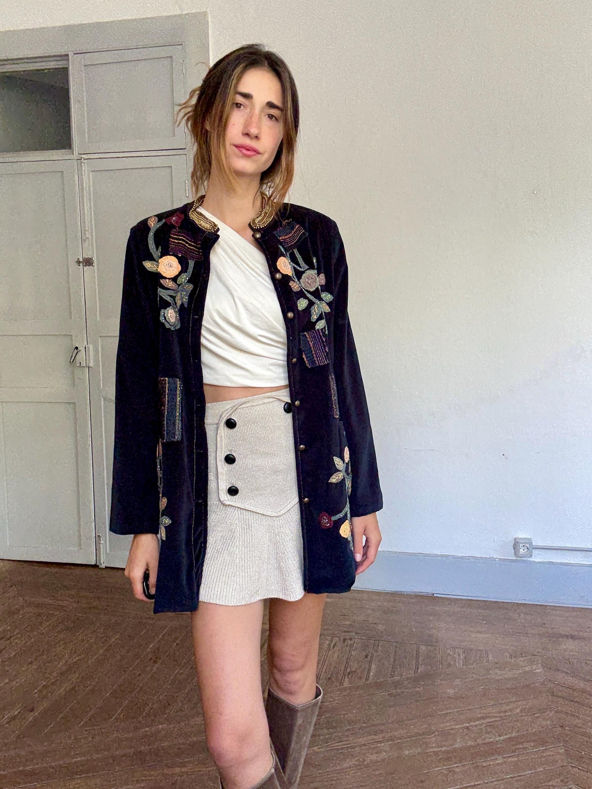 Embroidered Velvet Jacket – Boho Floral Beaded Coat | Peace + Love Long Blazer | 100% Cotton | Patchwork Folk Jacket Size L