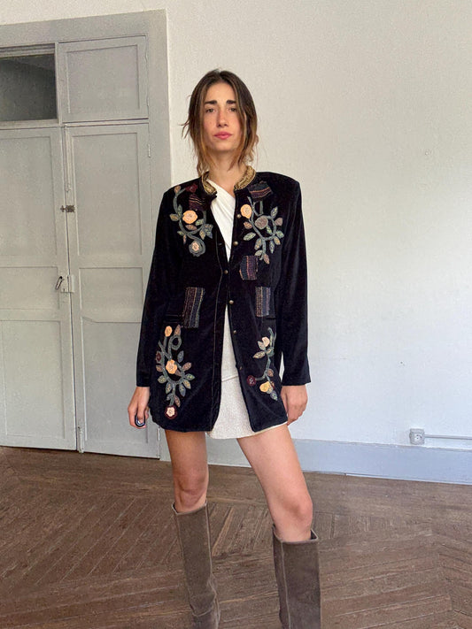 Embroidered Velvet Jacket – Boho Floral Beaded Coat | Peace + Love Long Blazer | 100% Cotton | Patchwork Folk Jacket Size L