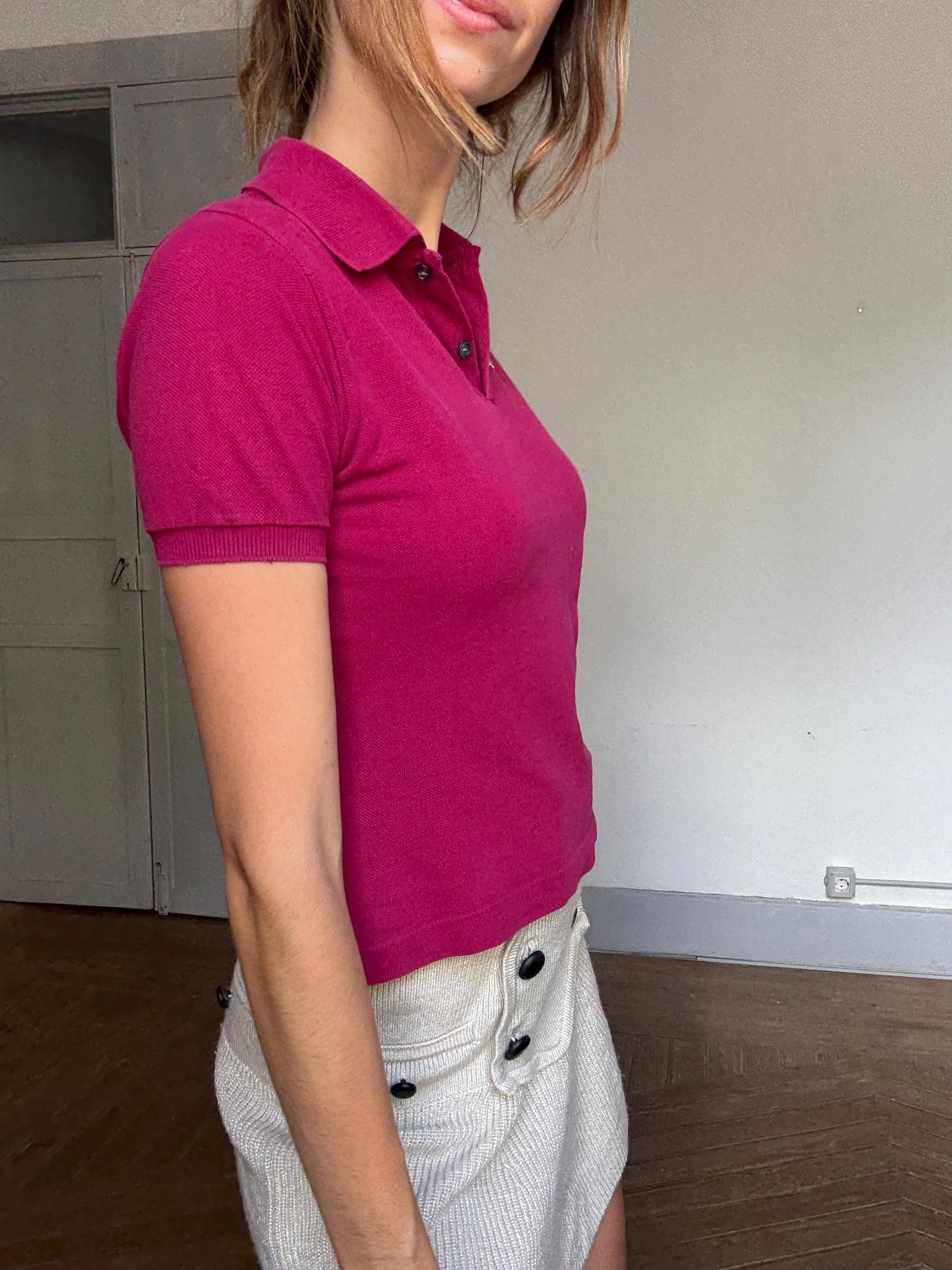 Vintage Lacoste Polo Shirt – Magenta Cropped Fit, French Tenniscore Chic (Size S/M)