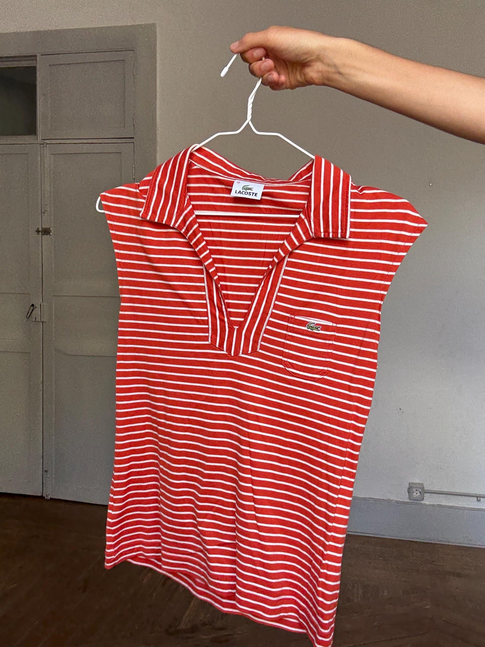 Vintage Lacoste Red Striped Sleeveless Polo Top – Tag Size 30 (Fits XS-S)