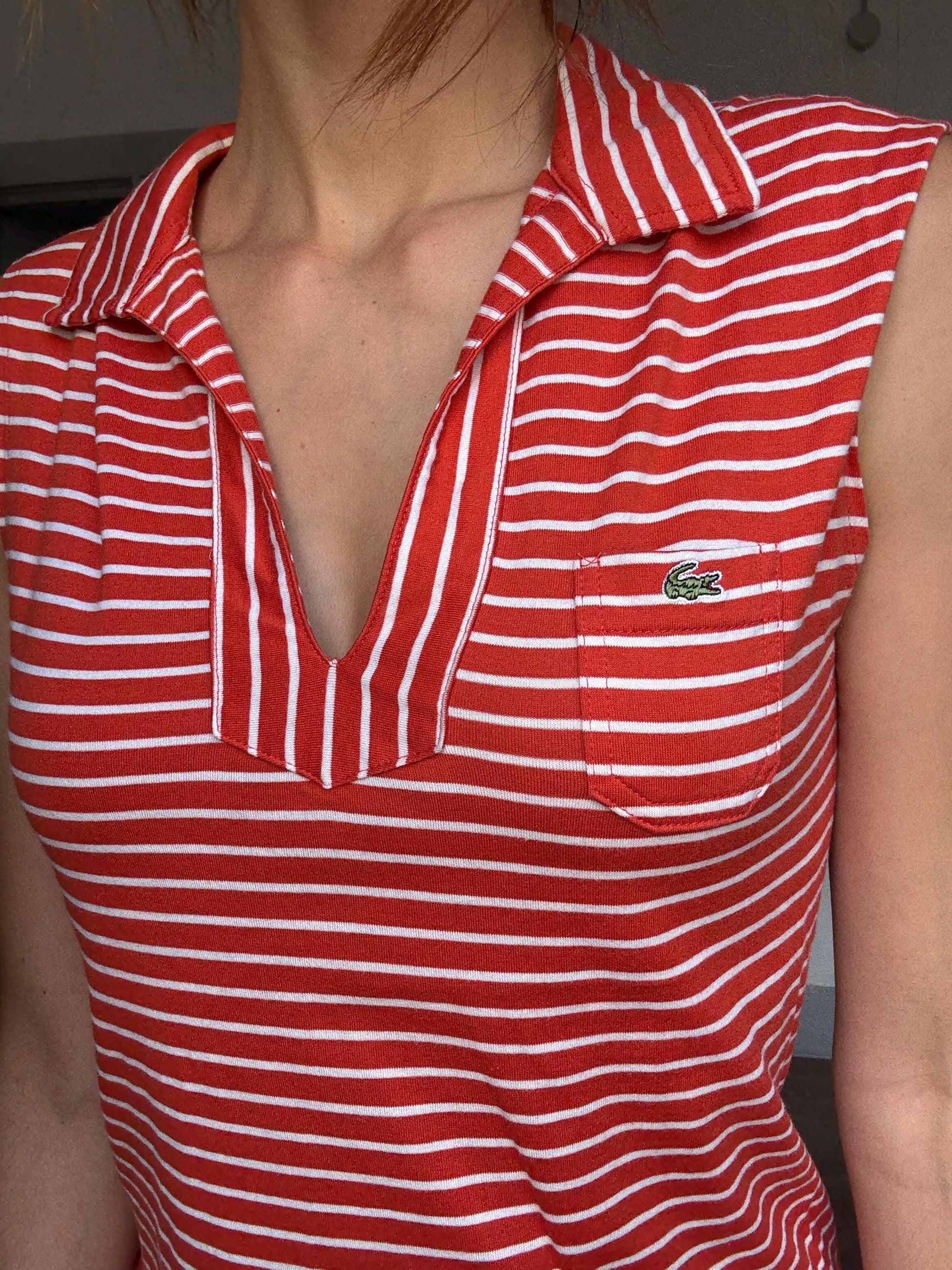 Vintage Lacoste Red Striped Sleeveless Polo Top – Tag Size 30 (Fits XS-S)
