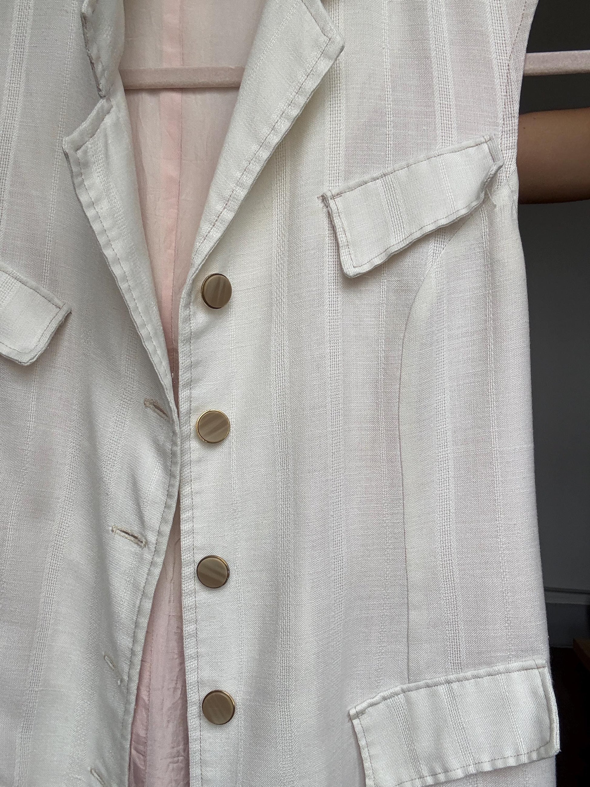 Vintage handmade ivory dress – M/L fit, sleeveless blazer cut, gold buttons, cotton feel, lined, oversized vest dress