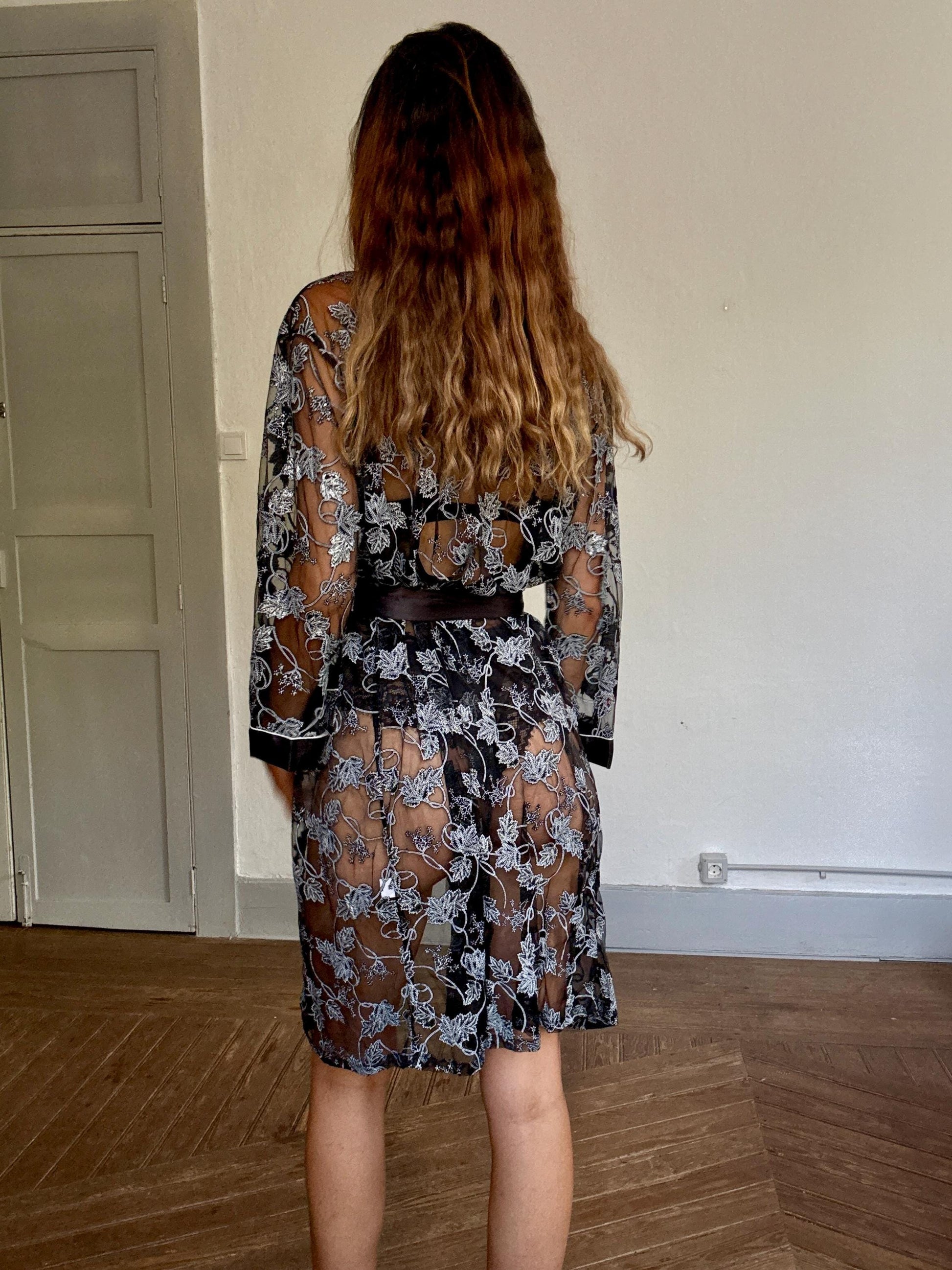 Vintage Sheer Black Floral Robe with Satin Trim | Lingerie Cover Up | Size XL