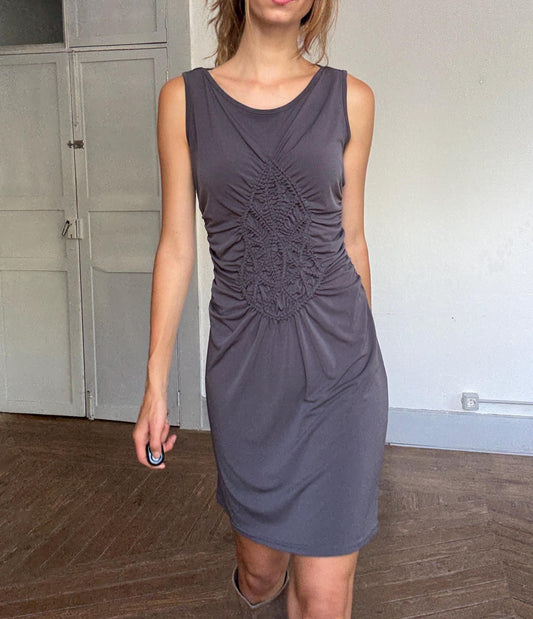 Jeff Gallano stretch ruched bodycon dress – FR 34 / US 2, made in France, vintage luxury, sculpting fit, dark taupe