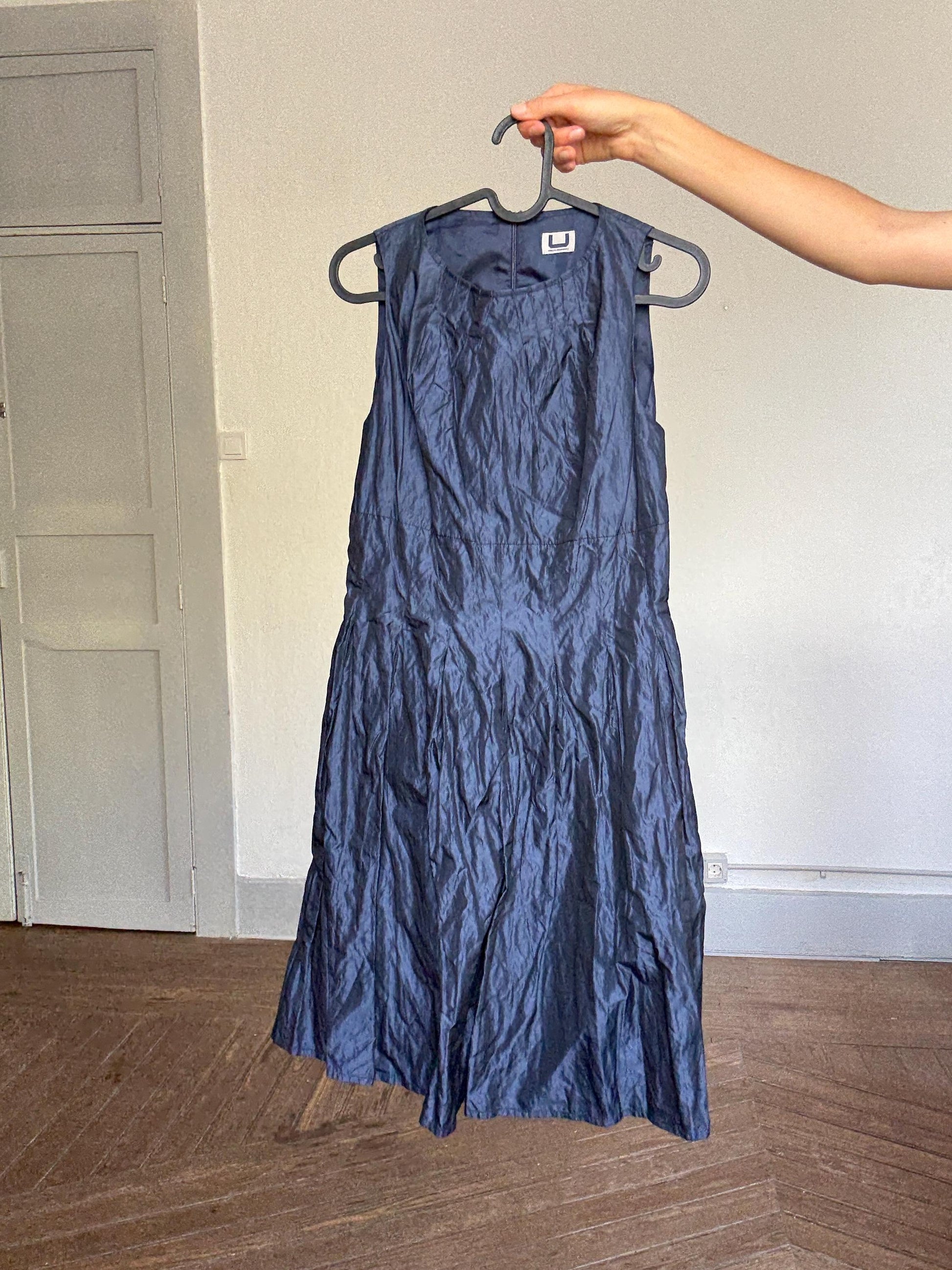 Adolfo Domínguez Vintage Blue Shimmer Dress – Metallic Look, Minimalist Aesthetic, Size S-M