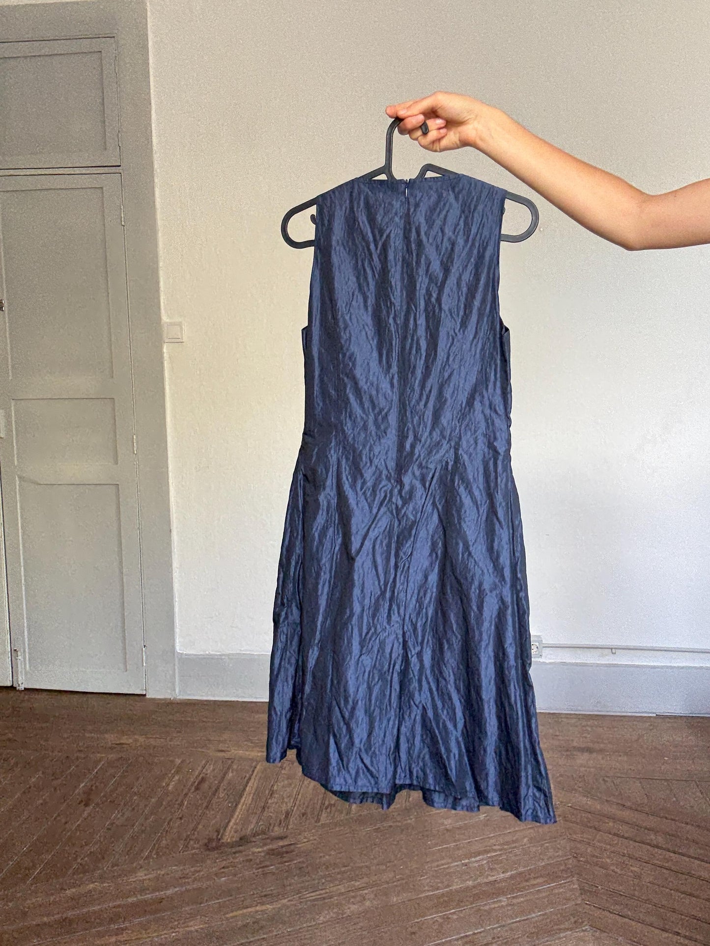 Adolfo Domínguez Vintage Blue Shimmer Dress – Metallic Look, Minimalist Aesthetic, Size S-M