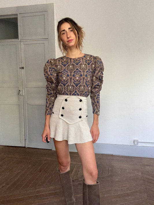 Simona Corsellini Vintage Baroque Print Puff Sleeve Top – Open Back Cutout, 100% Cotton, Size S-M