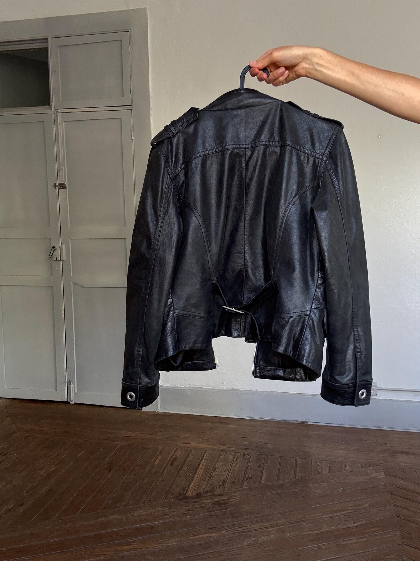 Vintage black leather biker jacket women