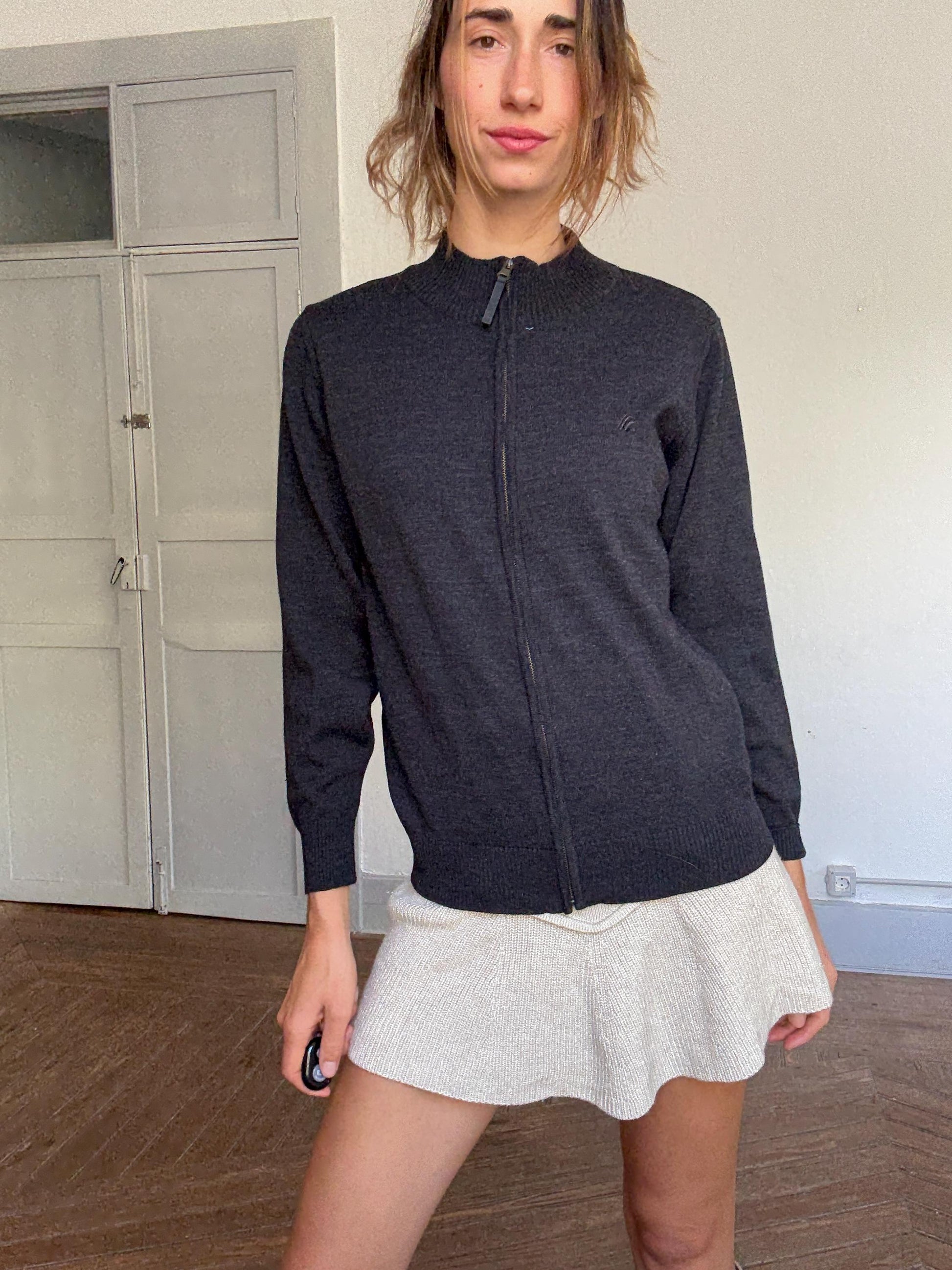 Vintage dark grey merino wool zip cardigan by Mako Jeans | Soft wool blend sweater jacket | Size M, unisex fit, Y2K cozy essential