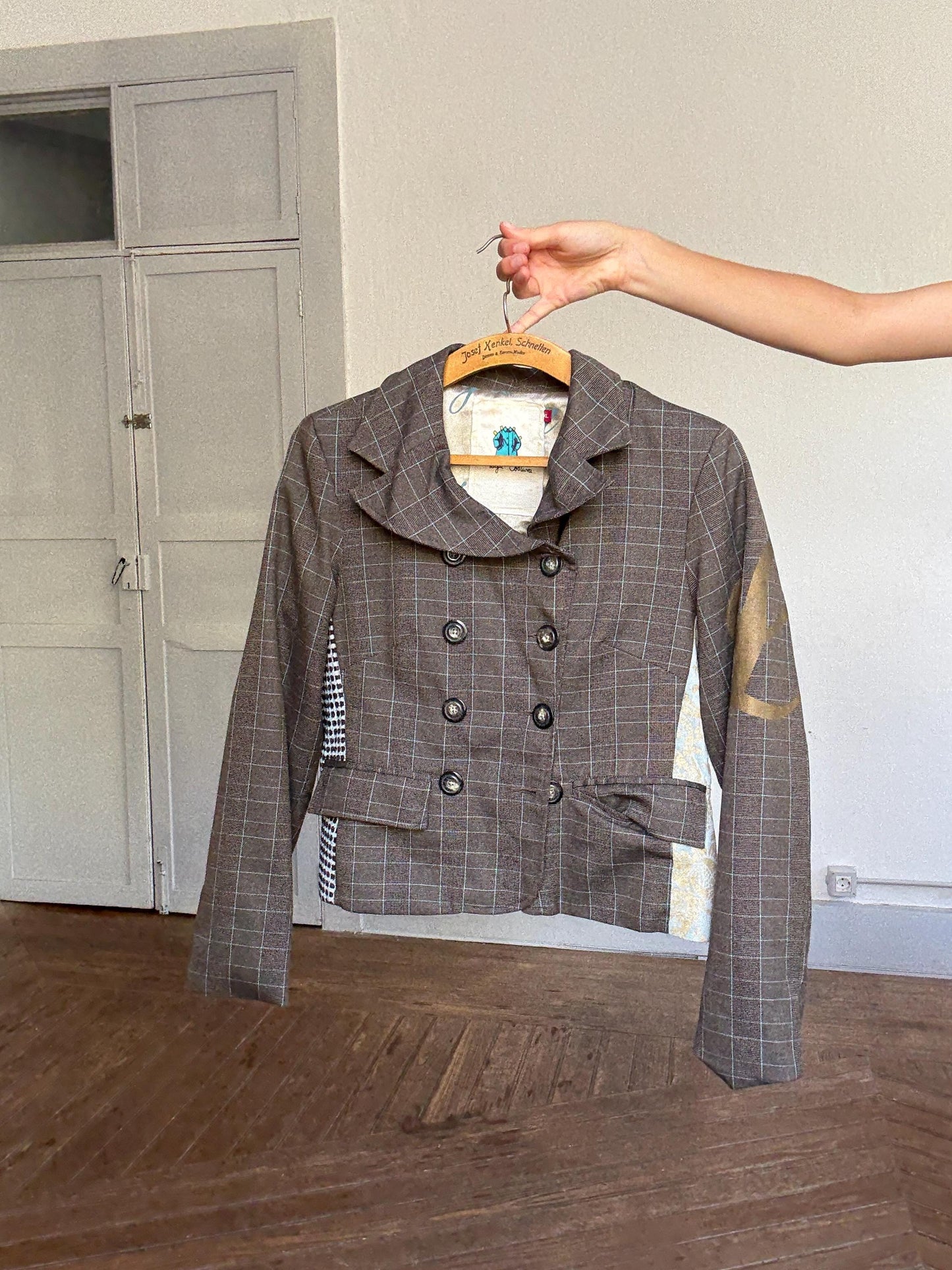 Laga Costura patchwork blazer jacket | Designer checked fitted blazer with embroidery | Size S-M | Unique tailored statement piece