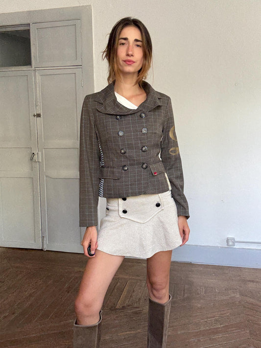 Laga Costura patchwork blazer jacket | Designer checked fitted blazer with embroidery | Size S-M | Unique tailored statement piece