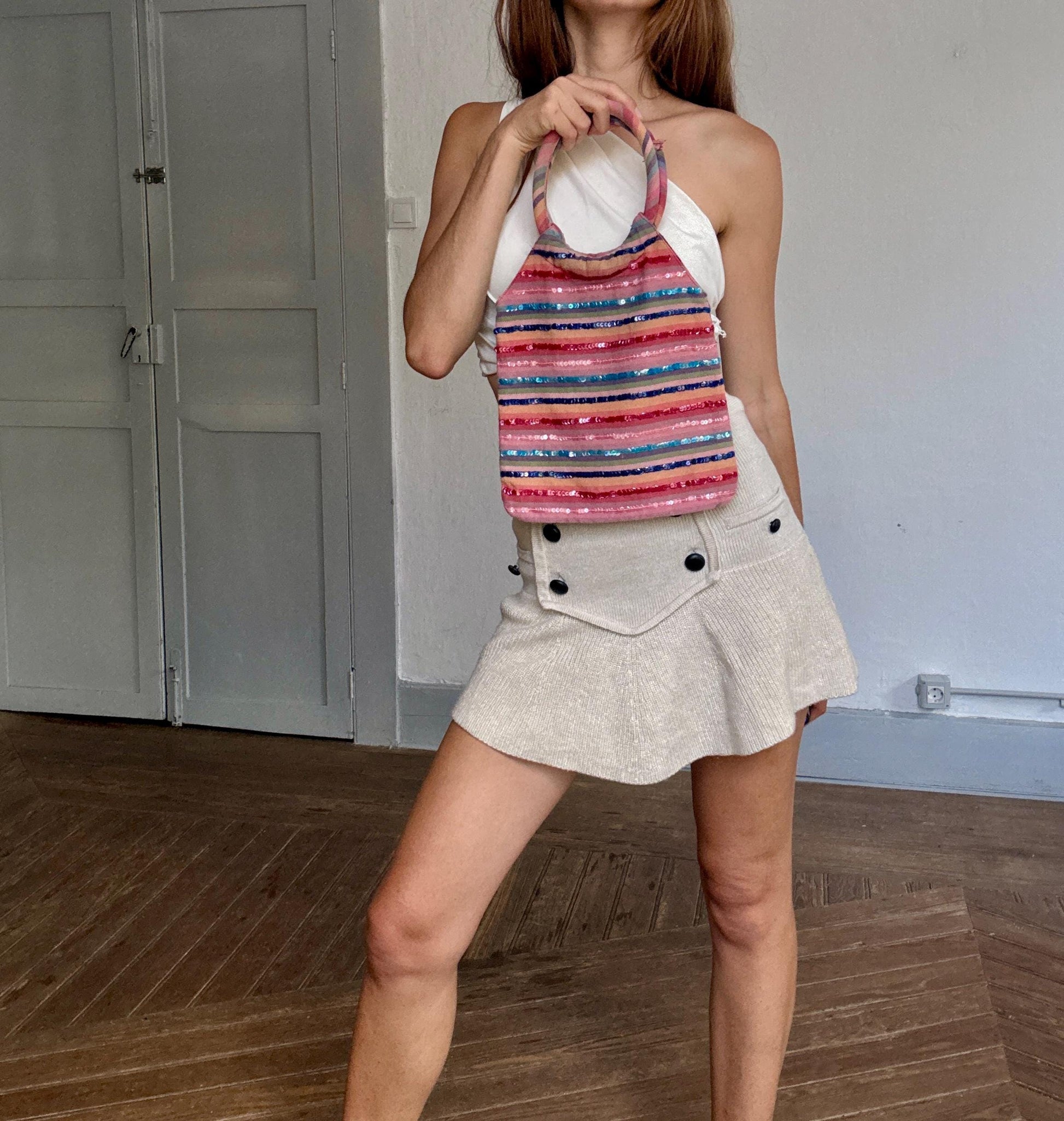 Colorful striped Y2K sequin handbag with round handles – secondhand 100% cotton bag with shimmer detail, unique statement purse