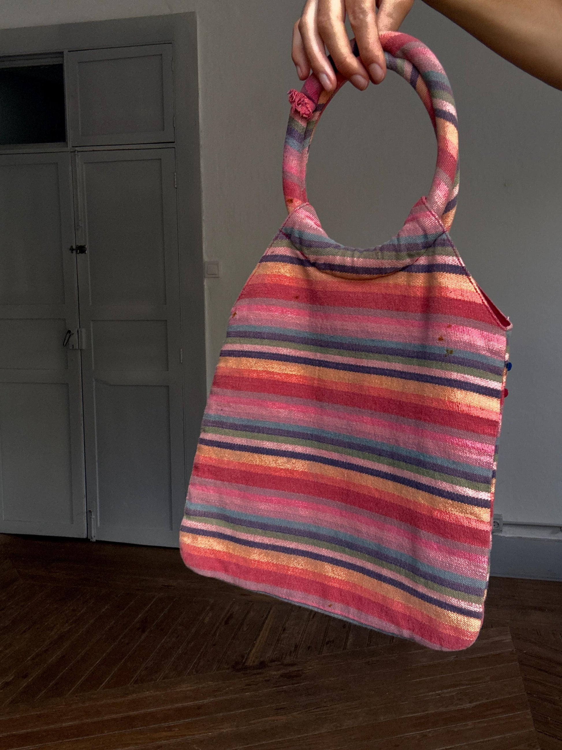 Colorful striped Y2K sequin handbag with round handles – secondhand 100% cotton bag with shimmer detail, unique statement purse