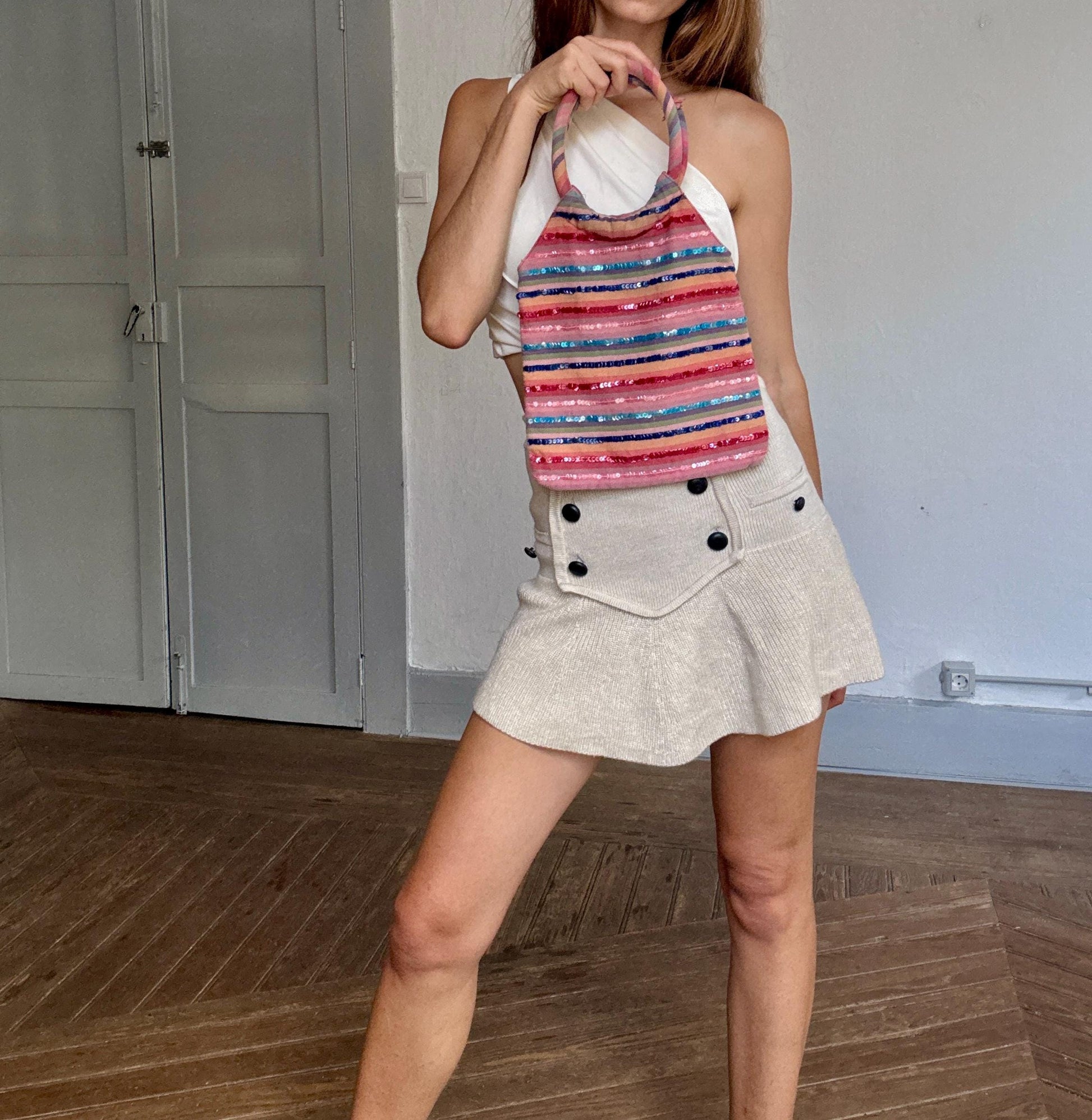 Colorful striped Y2K sequin handbag with round handles – secondhand 100% cotton bag with shimmer detail, unique statement purse