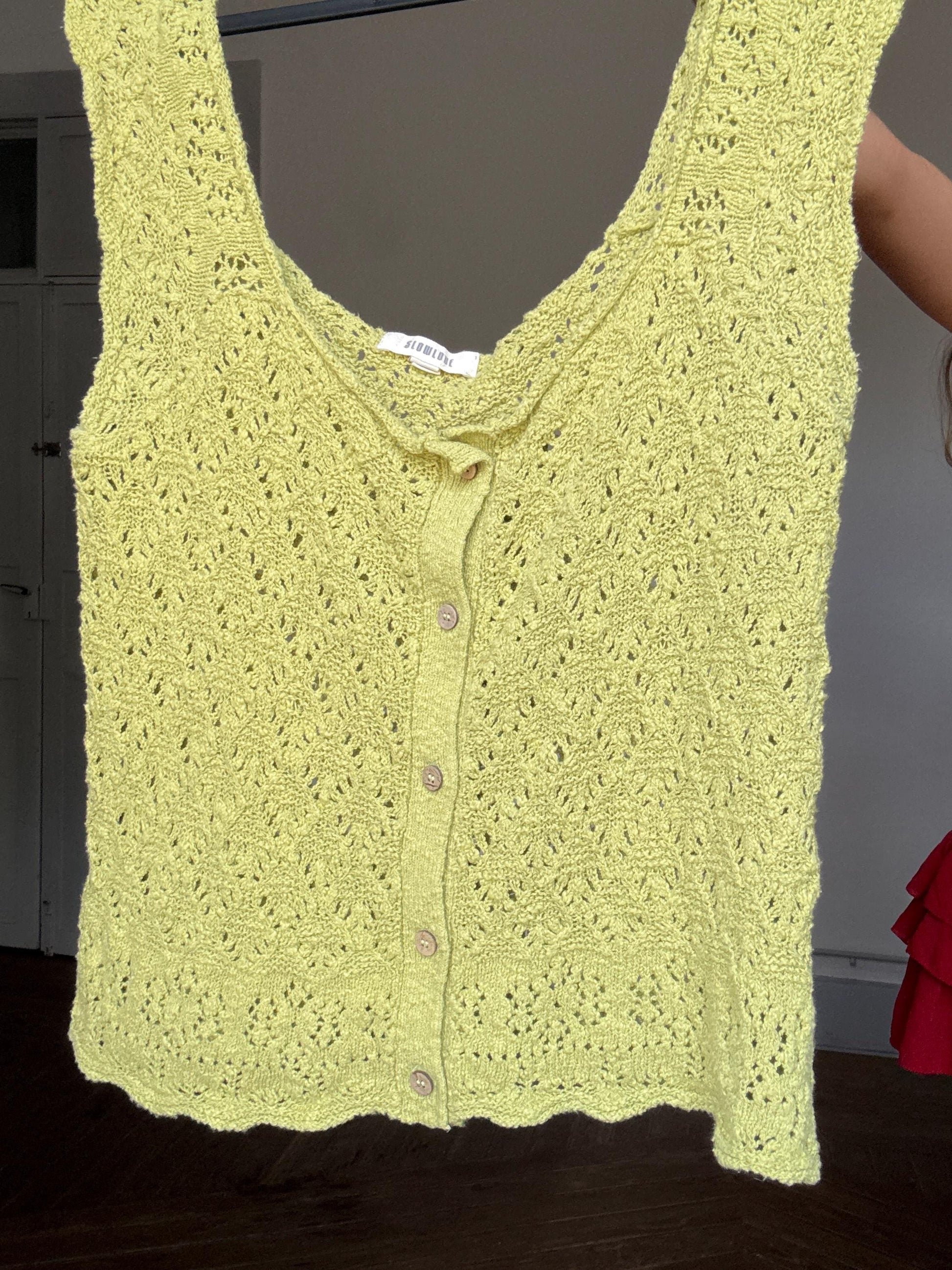 Slowlove Green Crochet Knit Camisole | Boho Festival Top | Olivia Rodrigo Coastal Babe Energy, Size L