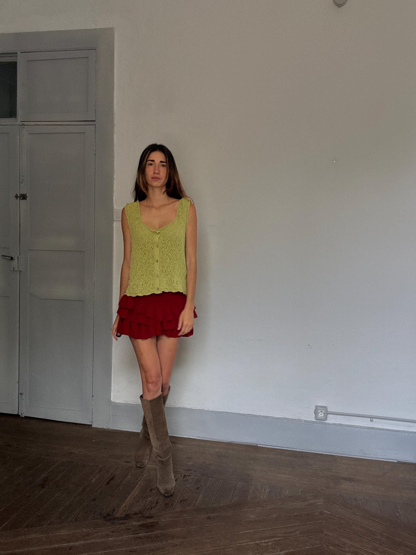 Slowlove Green Crochet Knit Camisole | Boho Festival Top | Olivia Rodrigo Coastal Babe Energy, Size L