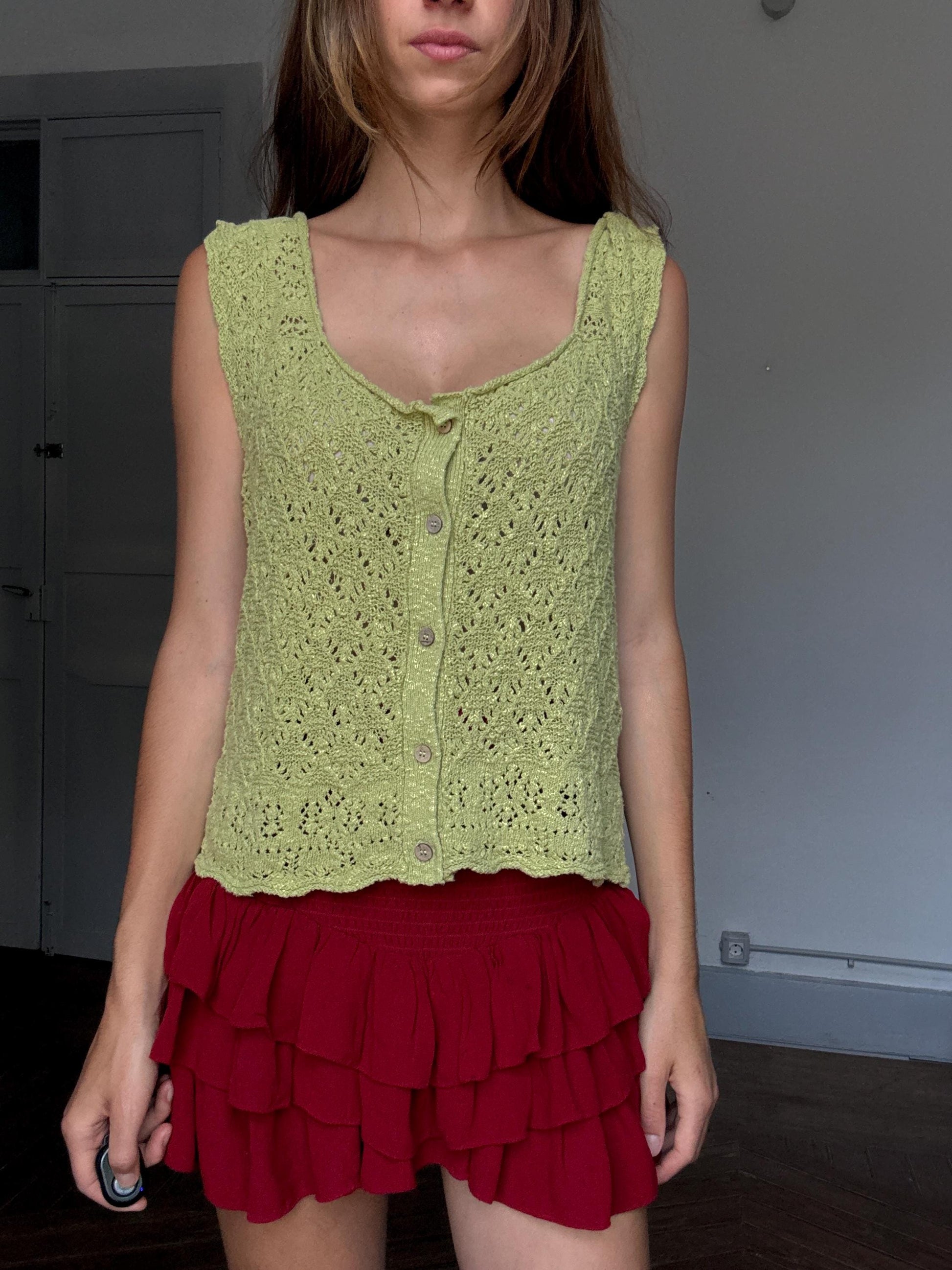 Slowlove Green Crochet Knit Camisole | Boho Festival Top | Olivia Rodrigo Coastal Babe Energy, Size L