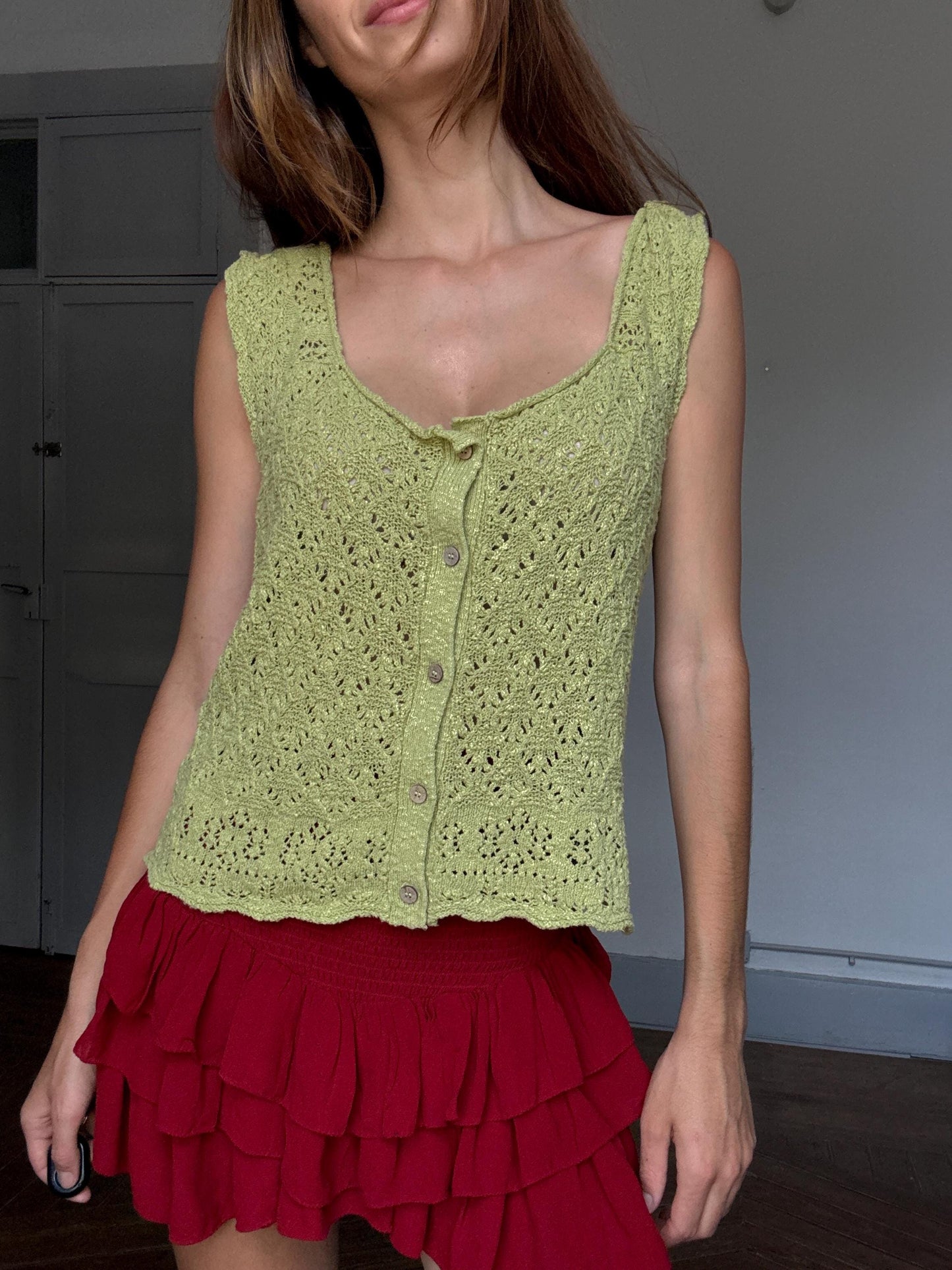 Slowlove Green Crochet Knit Camisole | Boho Festival Top | Olivia Rodrigo Coastal Babe Energy, Size L