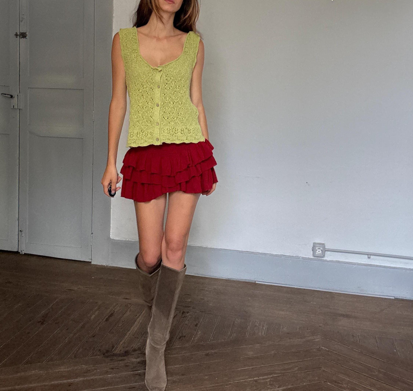 Slowlove Green Crochet Knit Camisole | Boho Festival Top | Olivia Rodrigo Coastal Babe Energy, Size L