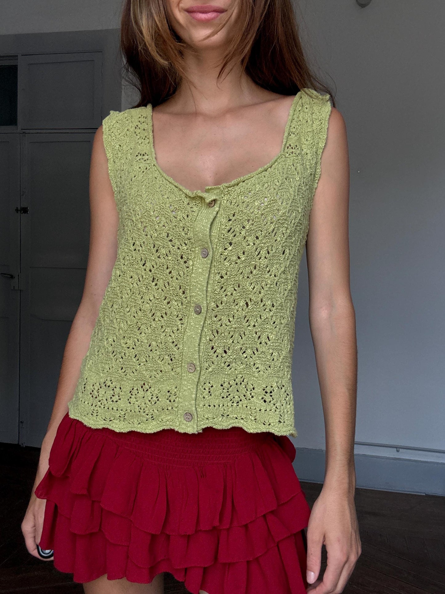 Slowlove Green Crochet Knit Camisole | Boho Festival Top | Olivia Rodrigo Coastal Babe Energy, Size L