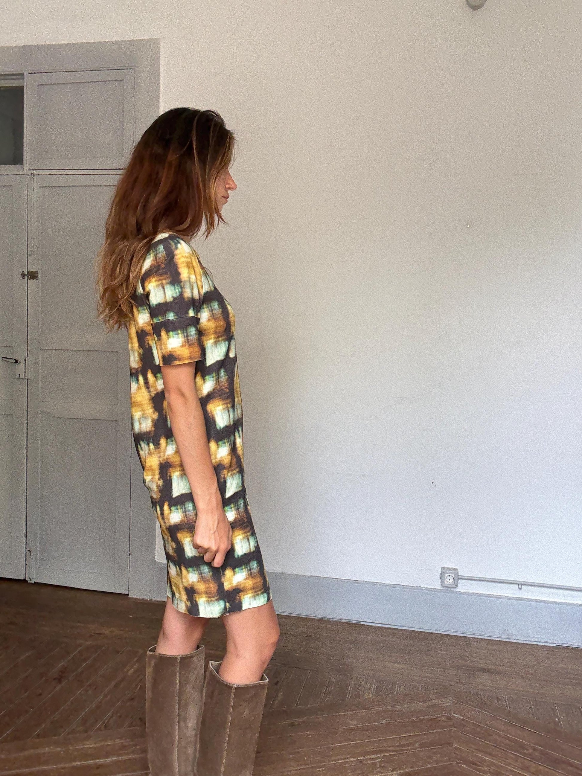 COS Abstract Print Mini Dress | Earthy Luxe Summer Staple, Hidden Pockets & Art-Gallery Vibes, Size S