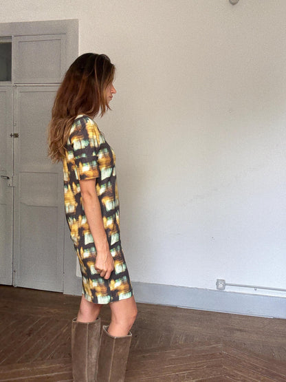 COS Abstract Print Mini Dress | Earthy Luxe Summer Staple, Hidden Pockets & Art-Gallery Vibes, Size S