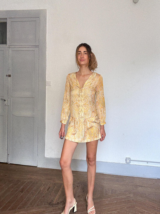 Boho Yellow Mini Dress | Lightweight Paisley Print Long Sleeve | White Lotus Vibes , Size S