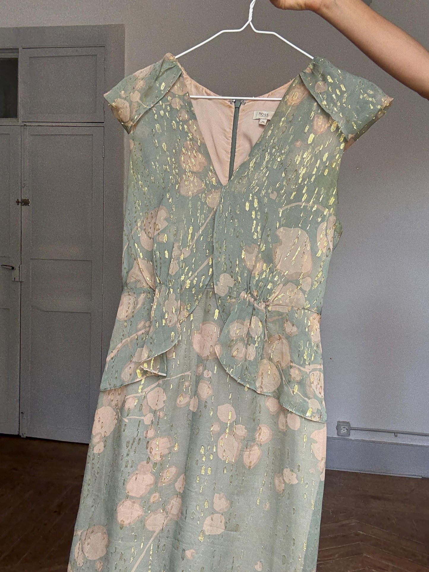 Hoss Intropia Green Silk Mini Dress | Gold Metallic Glitter | Spanish Luxury Brand | Size EU 38