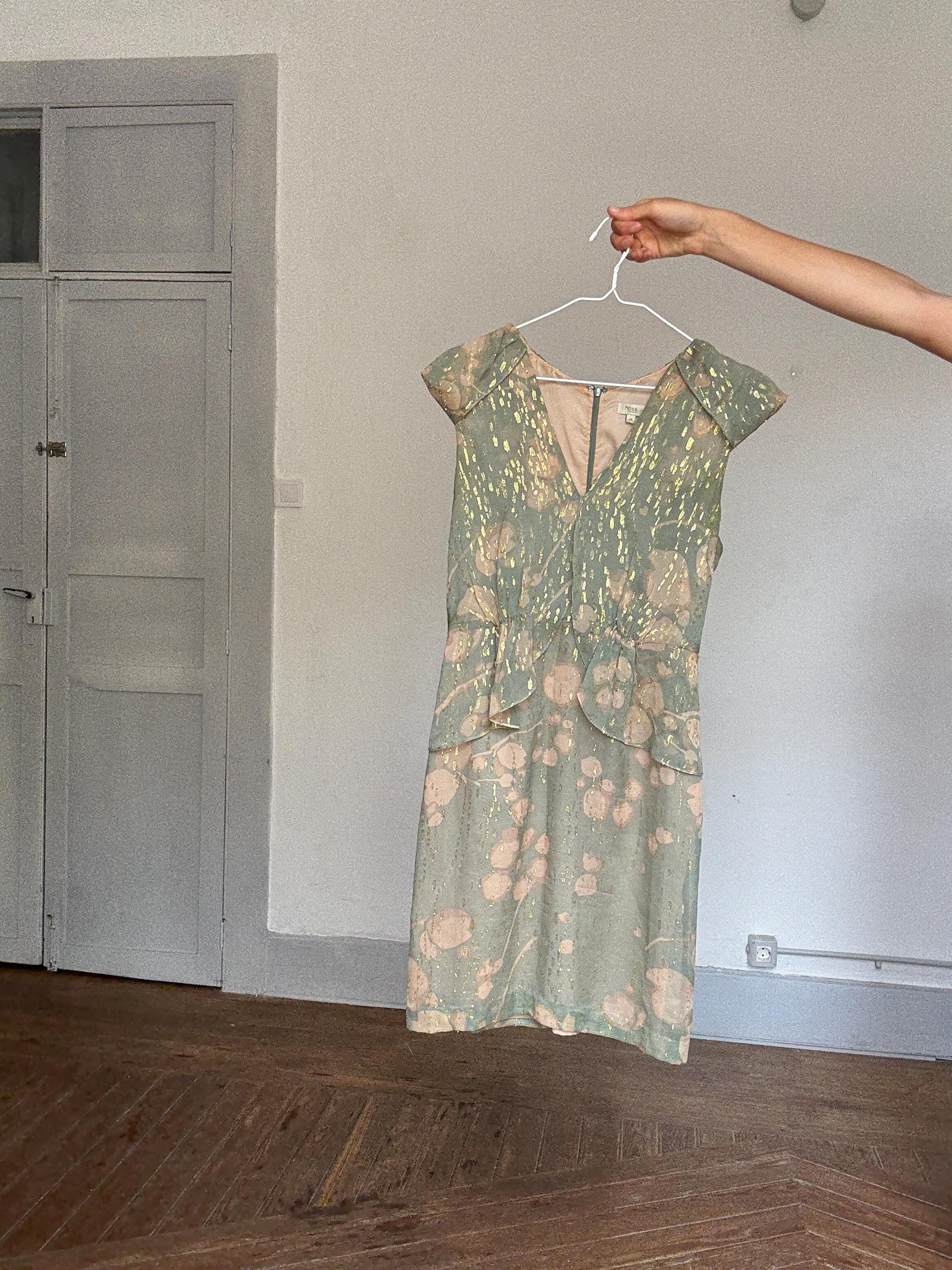 Hoss Intropia Green Silk Mini Dress | Gold Metallic Glitter | Spanish Luxury Brand | Size EU 38