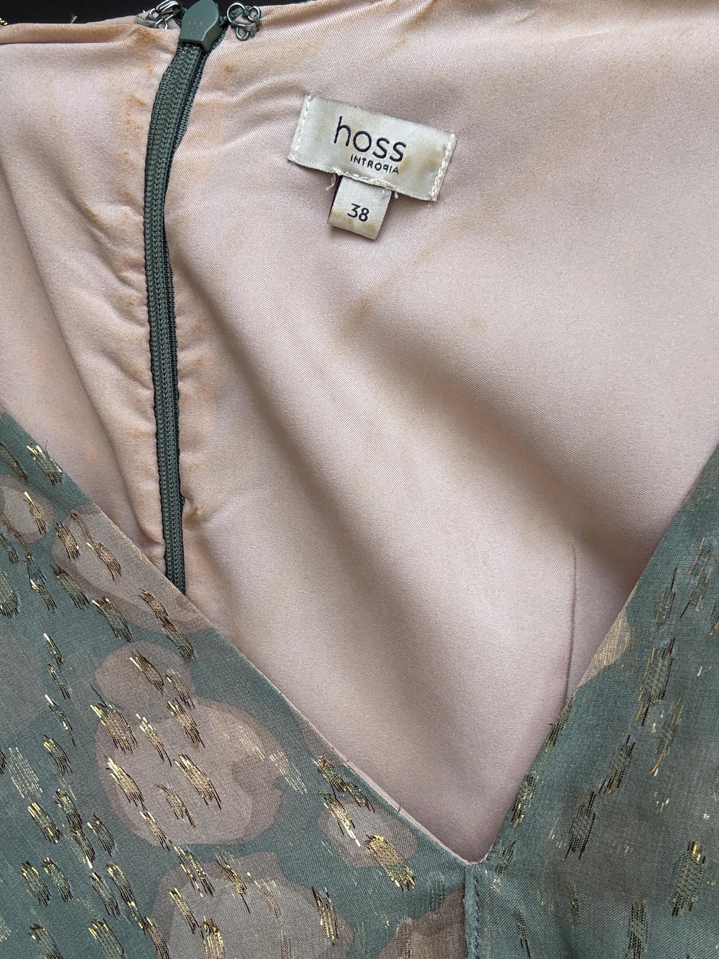 Hoss Intropia Green Silk Mini Dress | Gold Metallic Glitter | Spanish Luxury Brand | Size EU 38