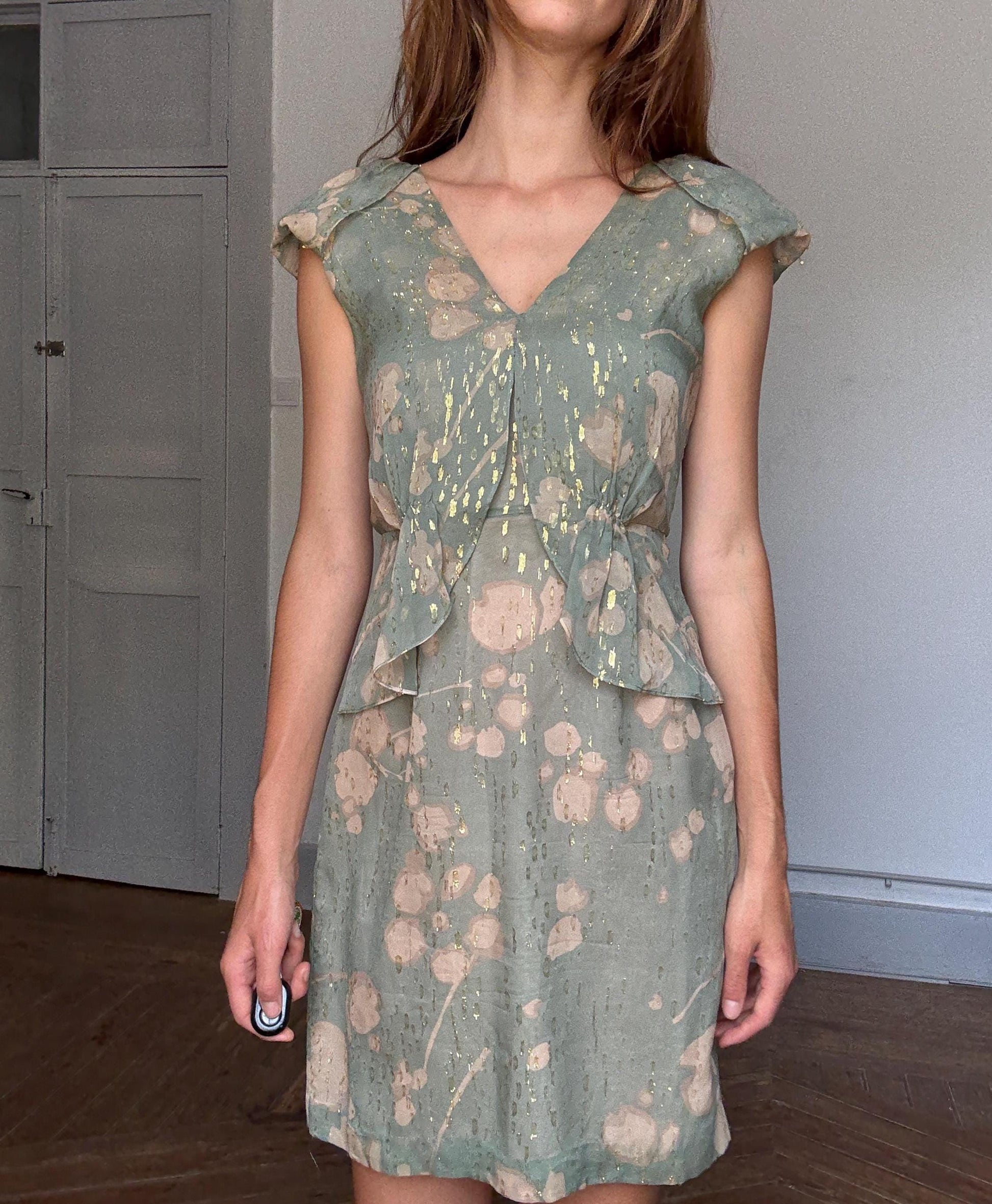 Hoss Intropia Green Silk Mini Dress | Gold Metallic Glitter | Spanish Luxury Brand | Size EU 38