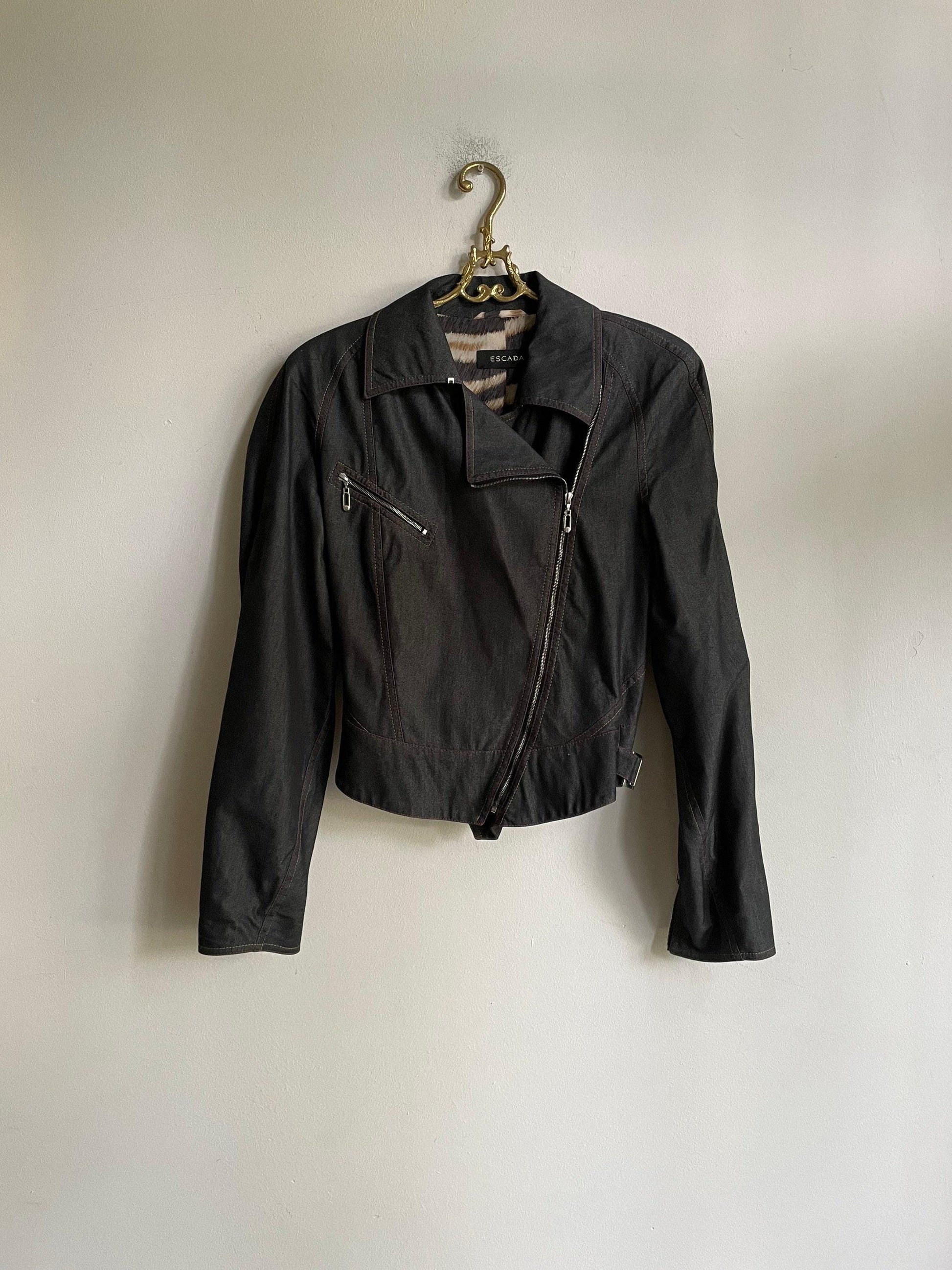 Vintage ESCADA silk biker-style jacket – lightweight black designer jacket with zip detail and tiger-print lining, size S