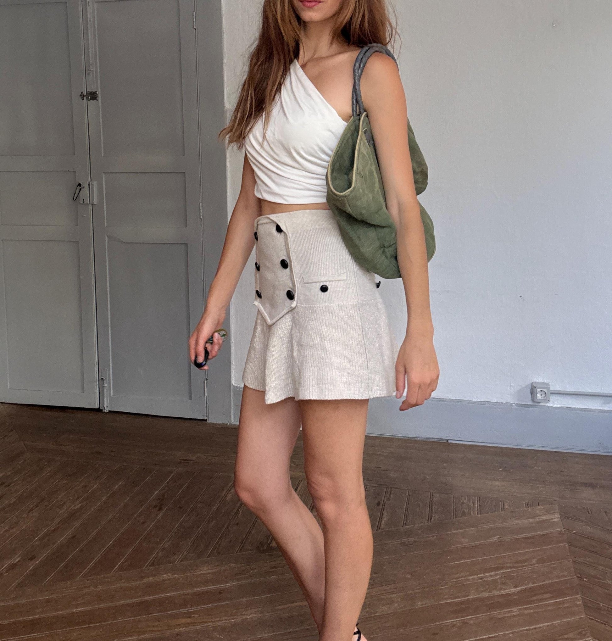 Dayaday large green shoulder bag – canvas tote with leather straps, earthy color shopper, perfect for market or beach