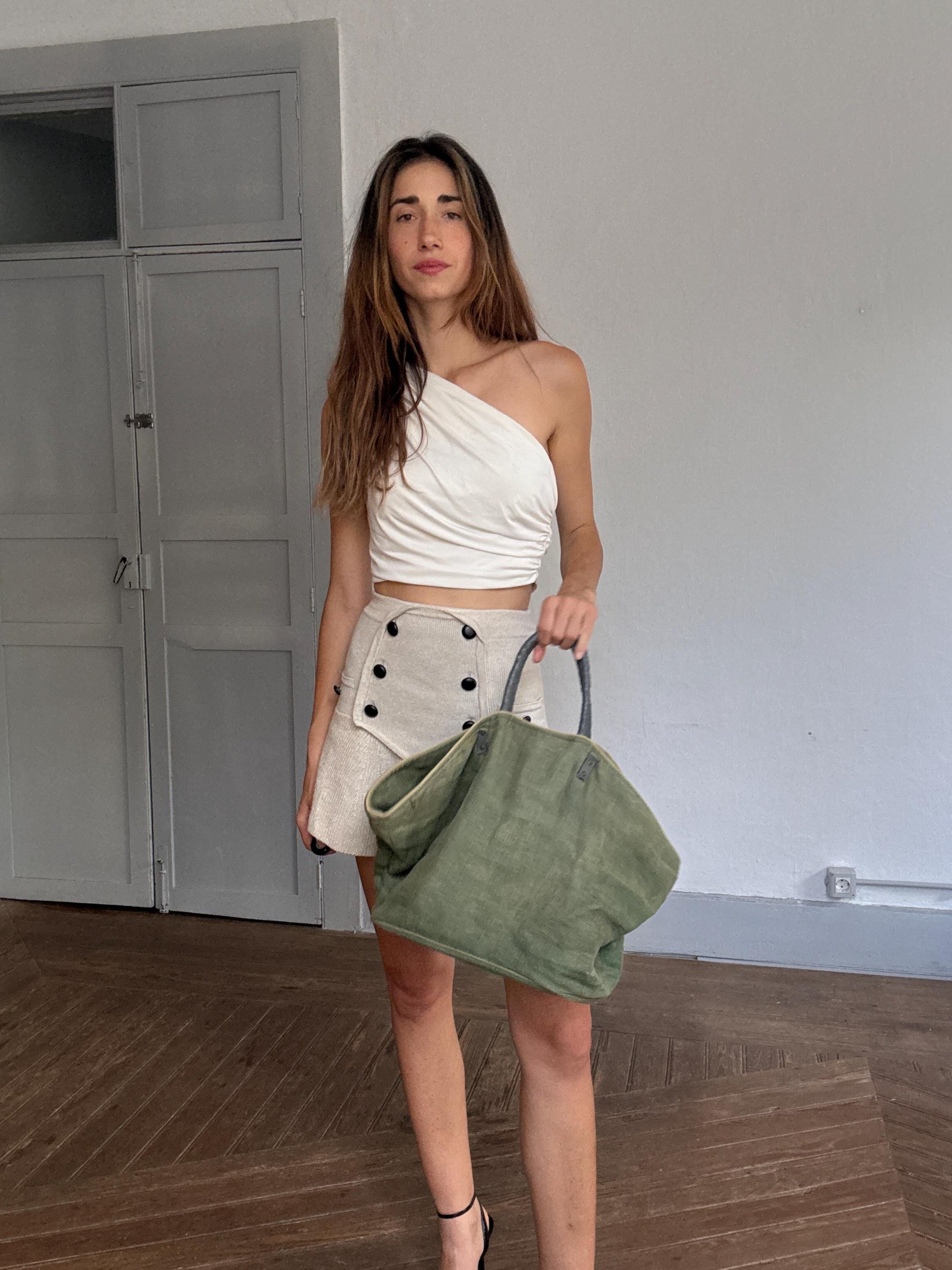 Dayaday large green shoulder bag – canvas tote with leather straps, earthy color shopper, perfect for market or beach