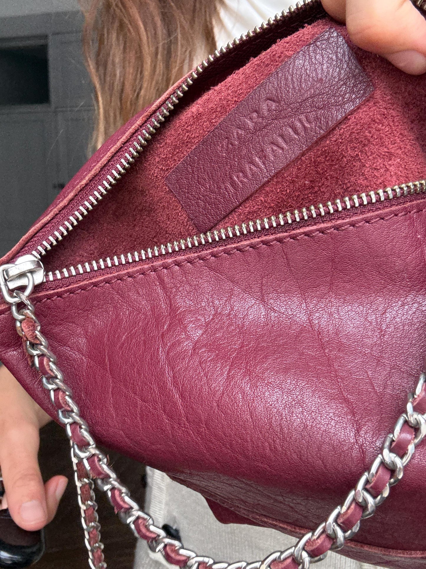 Vintage Zara leather bag – bordeaux red cowhide crossbody with chain strap, wristlet clutch purse, 3-way wear option