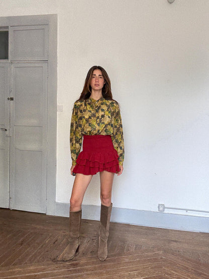 Retro Yellow Floral Blouse With Statement Button — fabric close-up